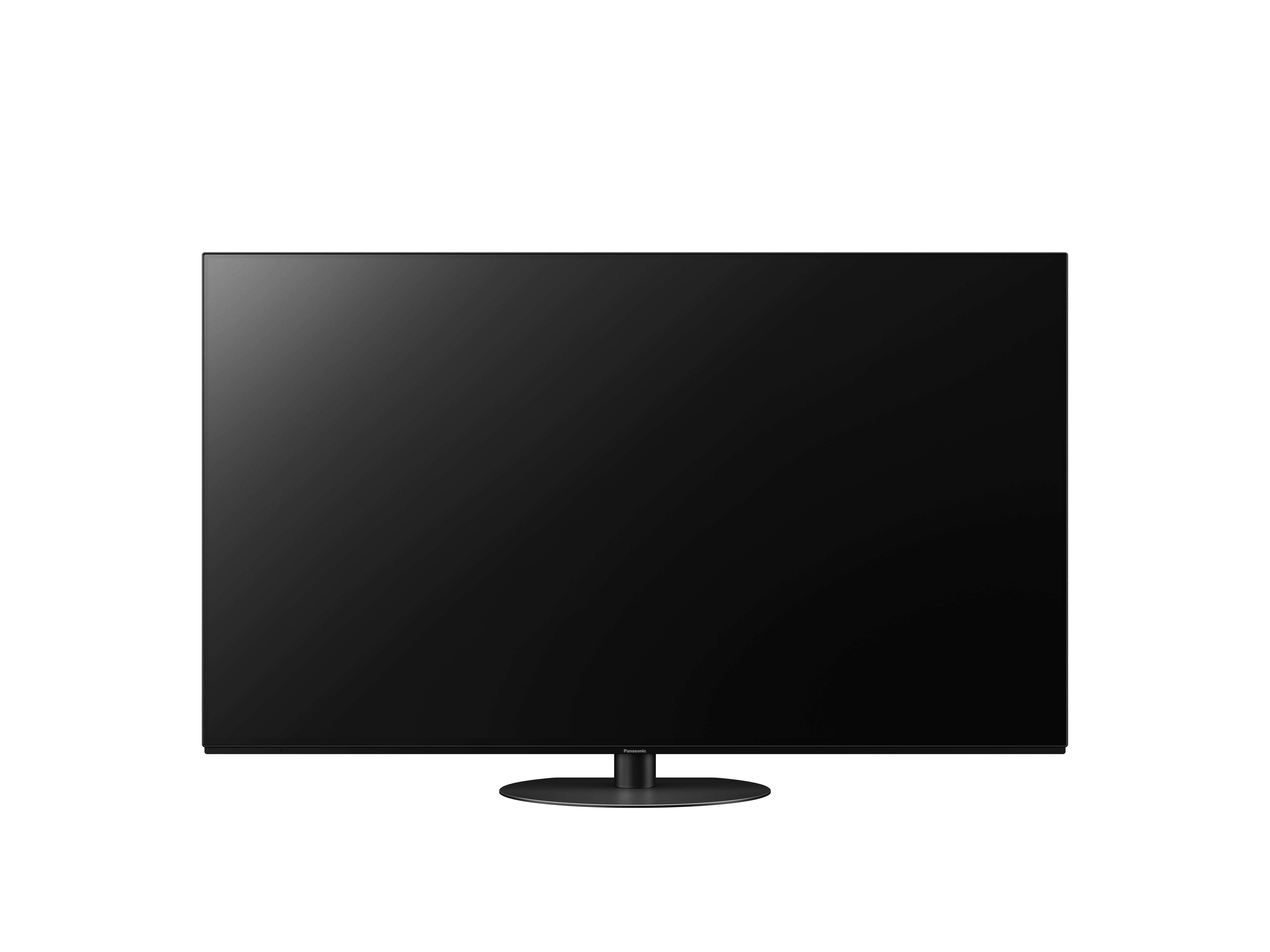 Ein schwarzer Flachbildfernseher auf einem schwarzen Ständer, isoliert auf weißem Hintergrund.