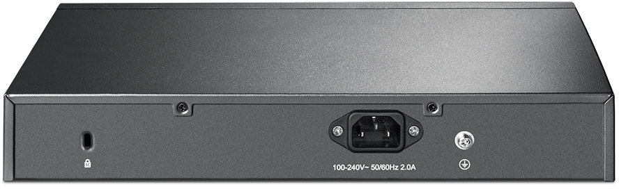 Rückseite eines schwarzen Netzwerk-Switches mit Stromanschluss und anderen Anschlüssen. Text: 100-240V~ 50/60Hz.