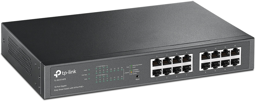 Schwarzer TP-Link 16-Port-Gigabit-Switch. Verschiedene Anschlüsse und Lichter. Weißer Hintergrund.