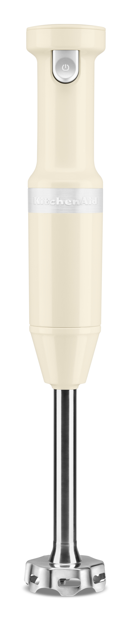 Ein cremefarbener KitchenAid Stabmixer. Silberne Klinge, weißer Griff mit Ein-/Aus-Taste.