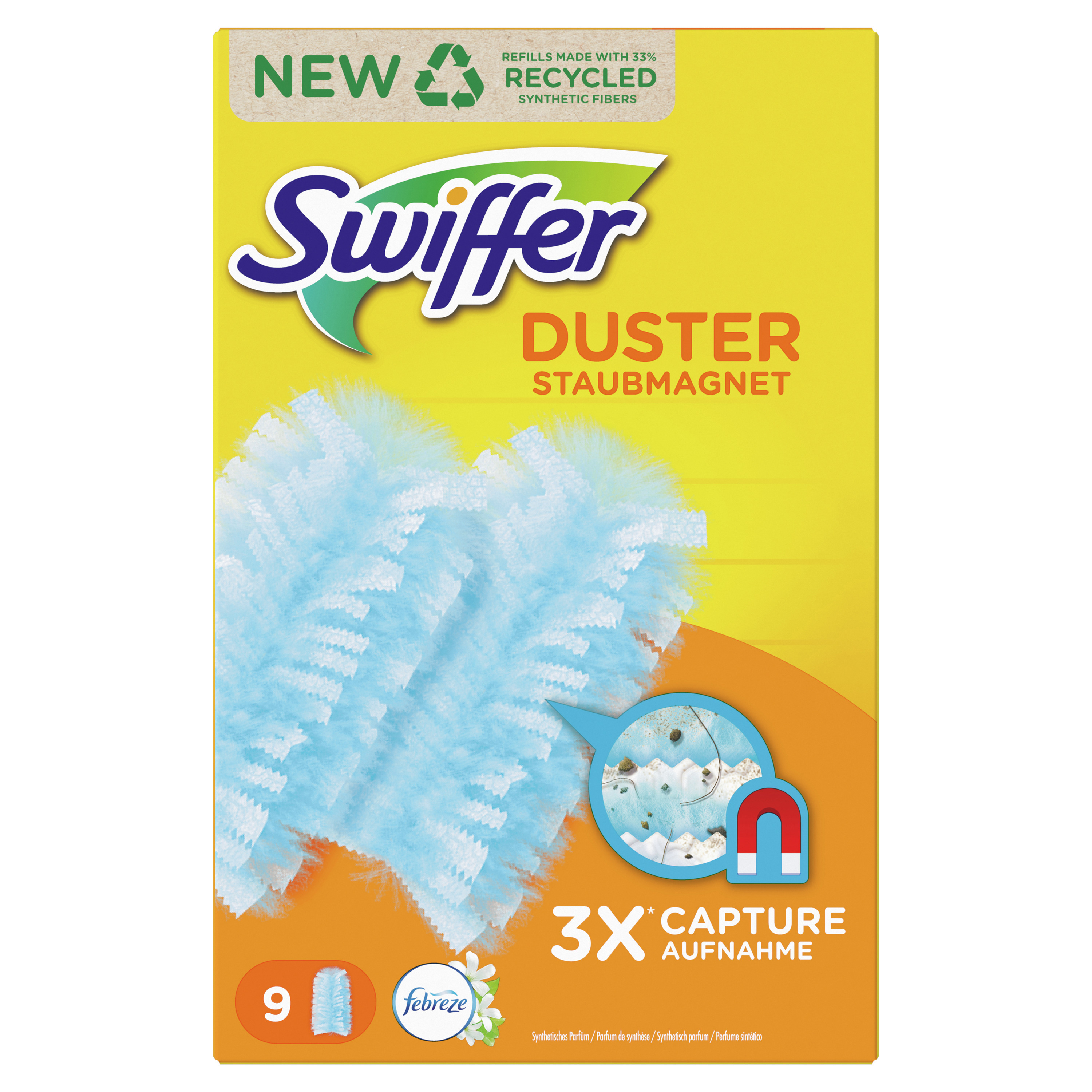Swiffer-Staubtuchpaket mit blauem Staubtuch. Text enthält 'NEU', 'RECYCELT', 'DUSTER' und 'febreze'.