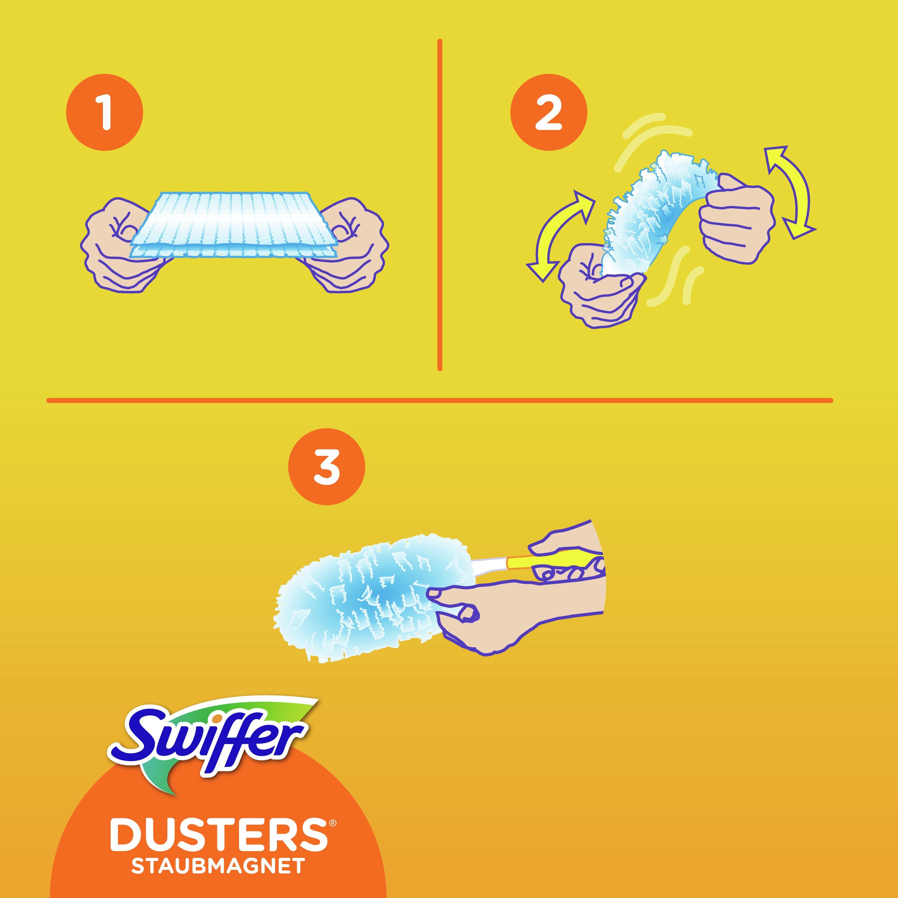 Das Bild zeigt die Schritte zur Verwendung eines Swiffer-Staubtuchs. Hände halten den Staubwedel, dann wird er aufgeschlagen und schließlich abgestaubt.