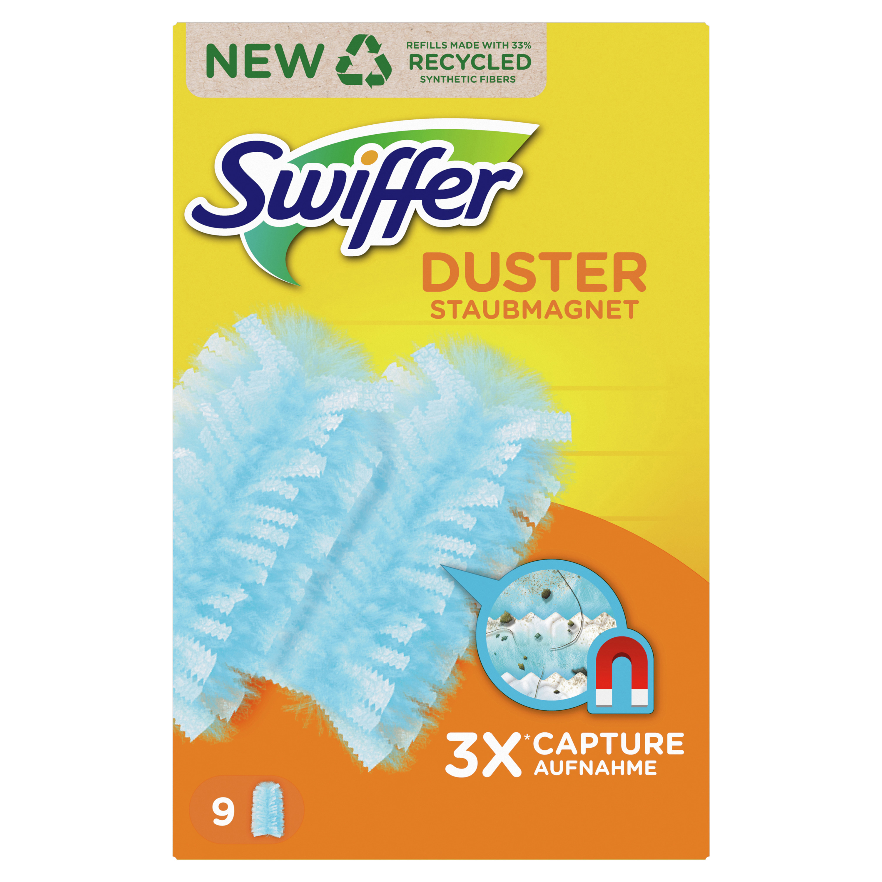 Eine Packung Swiffer-Staubtücher. Gelbe Box mit blauem Staubtuch und Text auf der Vorderseite.