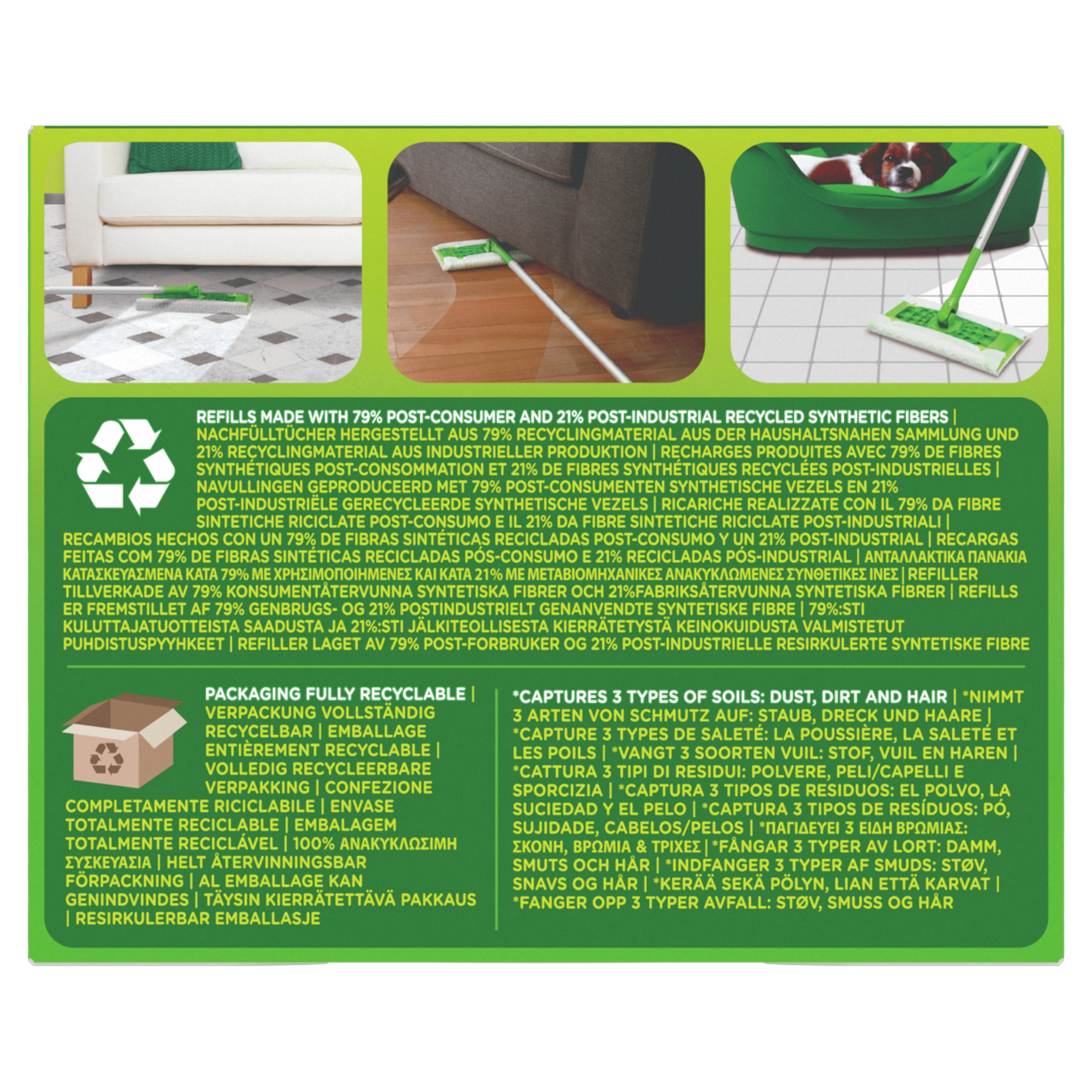 Ein grüner Swiffer mit einem weißen Reinigungspad liegt auf einem grünen Boden. Text und Recycling-Symbole sind vorhanden.