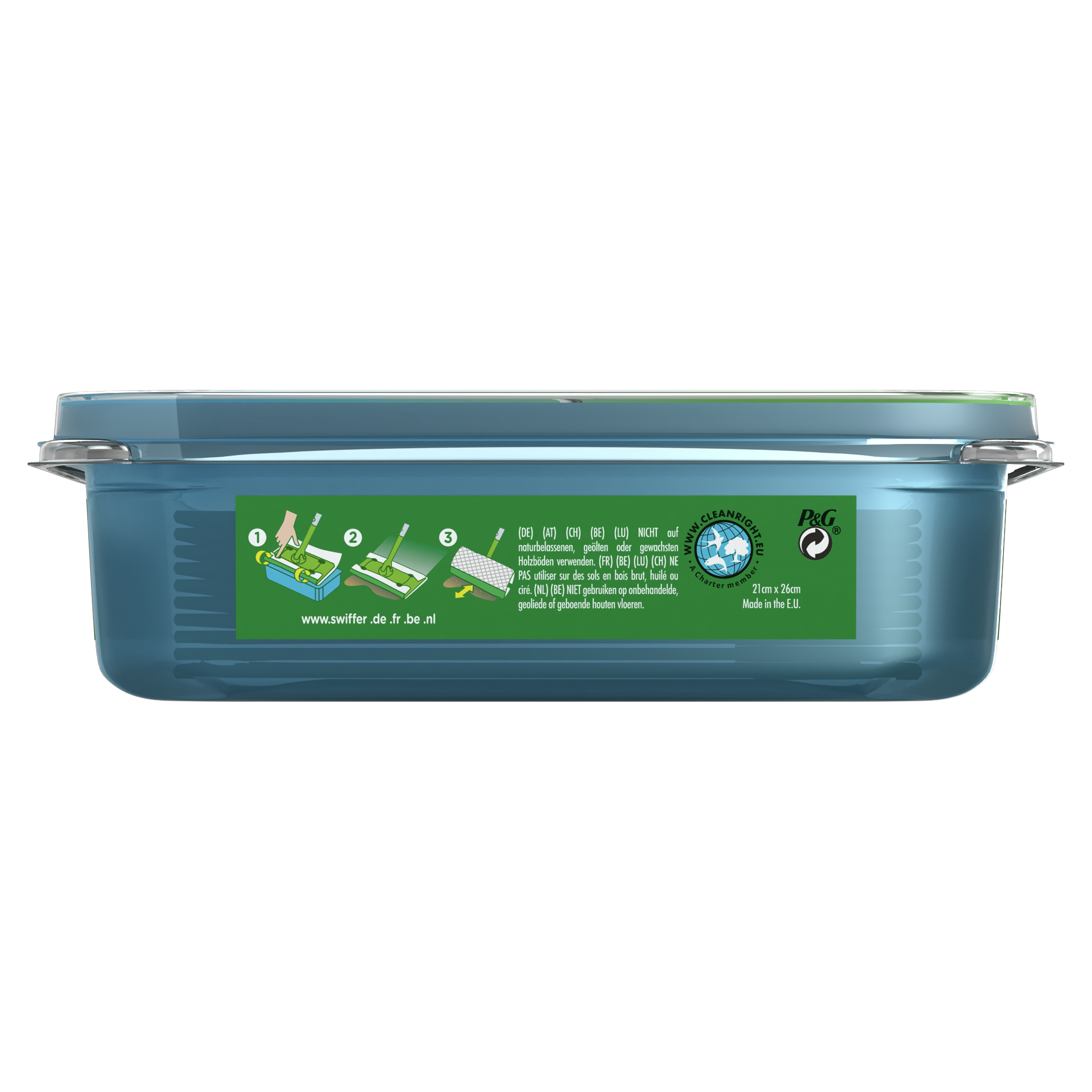 Ein blauer Behälter mit einem Swiffer-Reinigungspad, Anweisungen und Text.