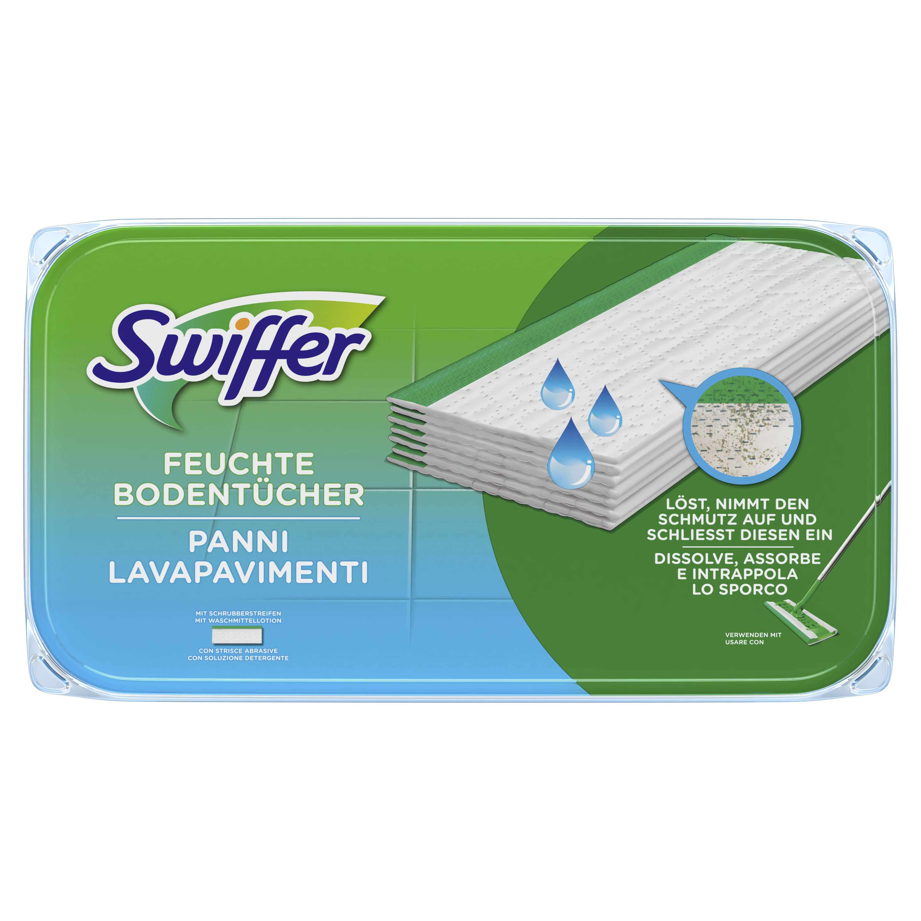 Eine Swiffer-Feuchttücher-Nachfüllpackung mit Reinigungsanweisungen.