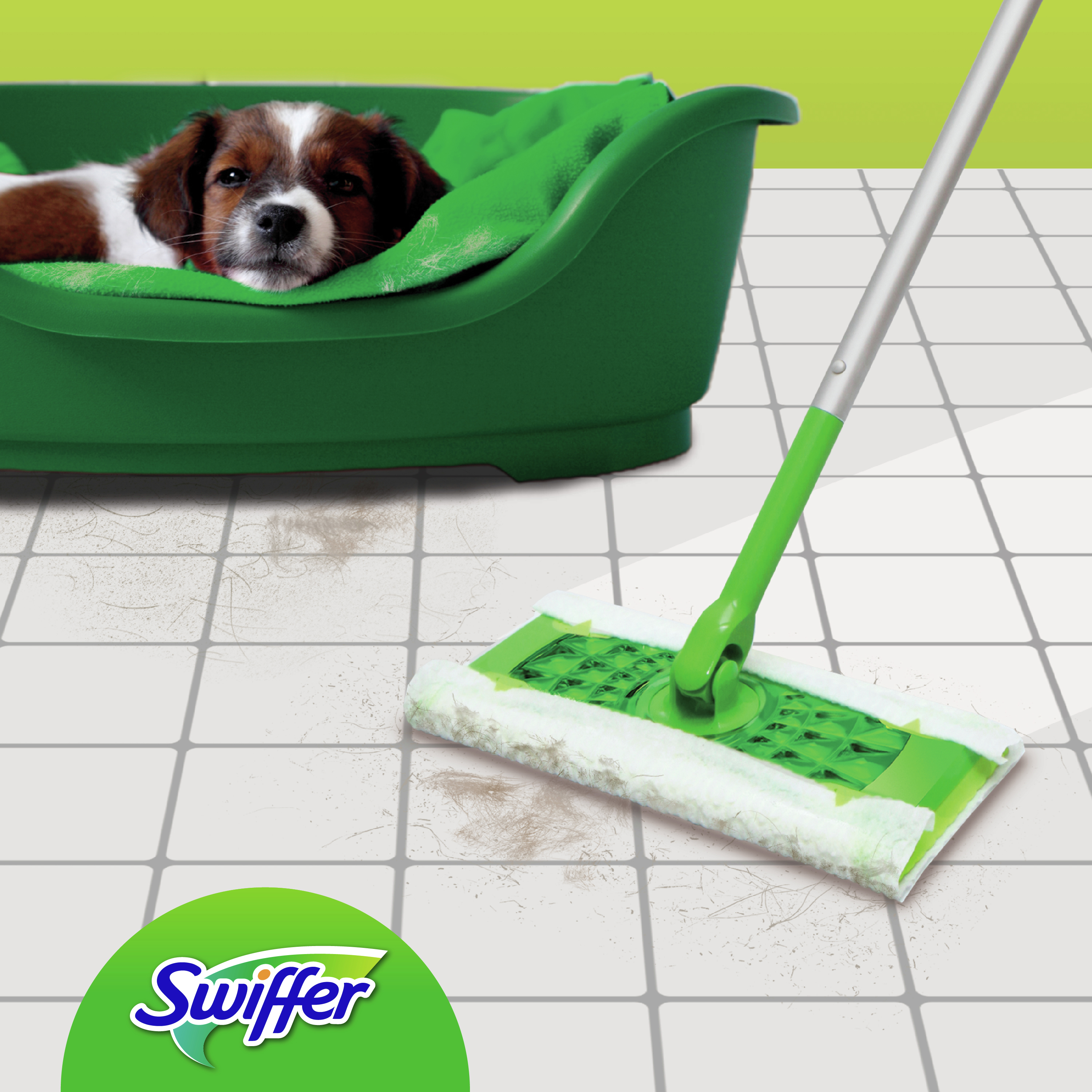 Ein Welpe in einem grünen Haustierbett mit einem Swiffer-Wischer auf Fliesen.