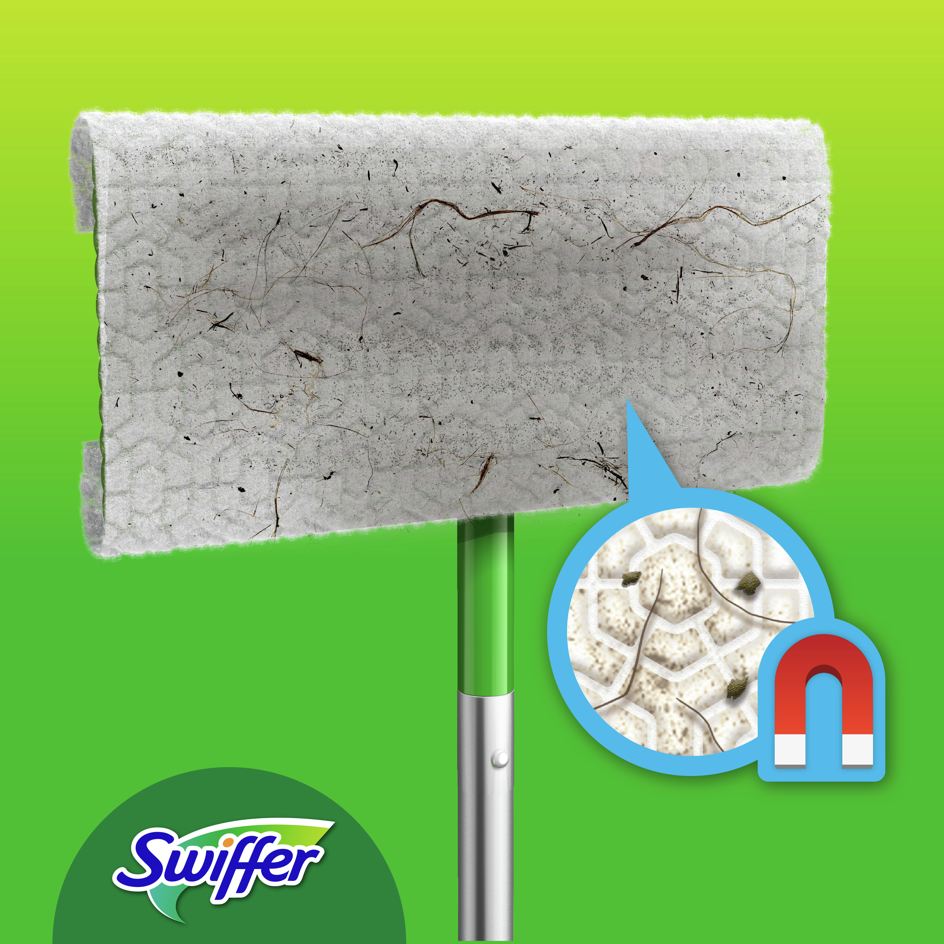Swiffer-Wischkopf mit Schmutzdetail, vergrößert, auf grünem Hintergrund, Swiffer-Logo.