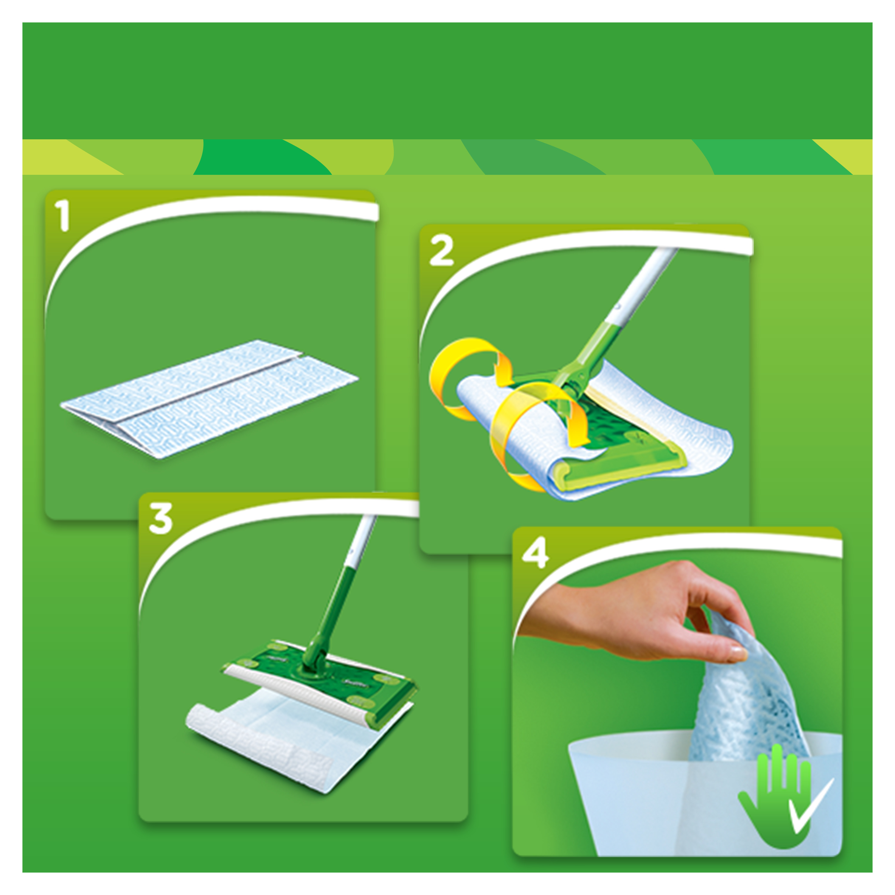 Vier Bilder zeigen die Verwendung eines Bodenwischers: Anbringen des Pads, Falten des Mopps, Auswringen.
