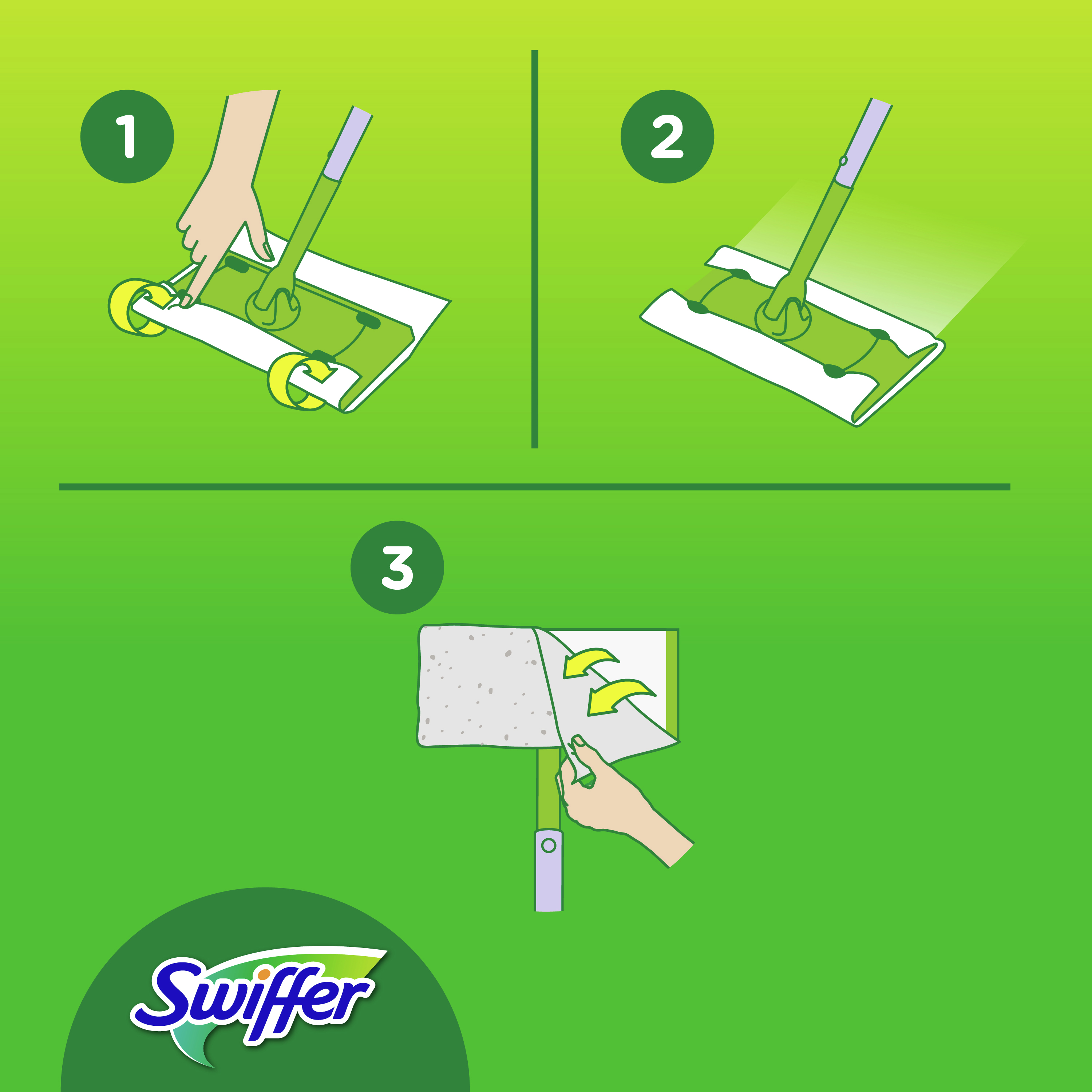 Dreistufiges Diagramm, das zeigt, wie man ein Swiffer-Pad auf dem Wischkopf auf grünem Hintergrund befestigt.