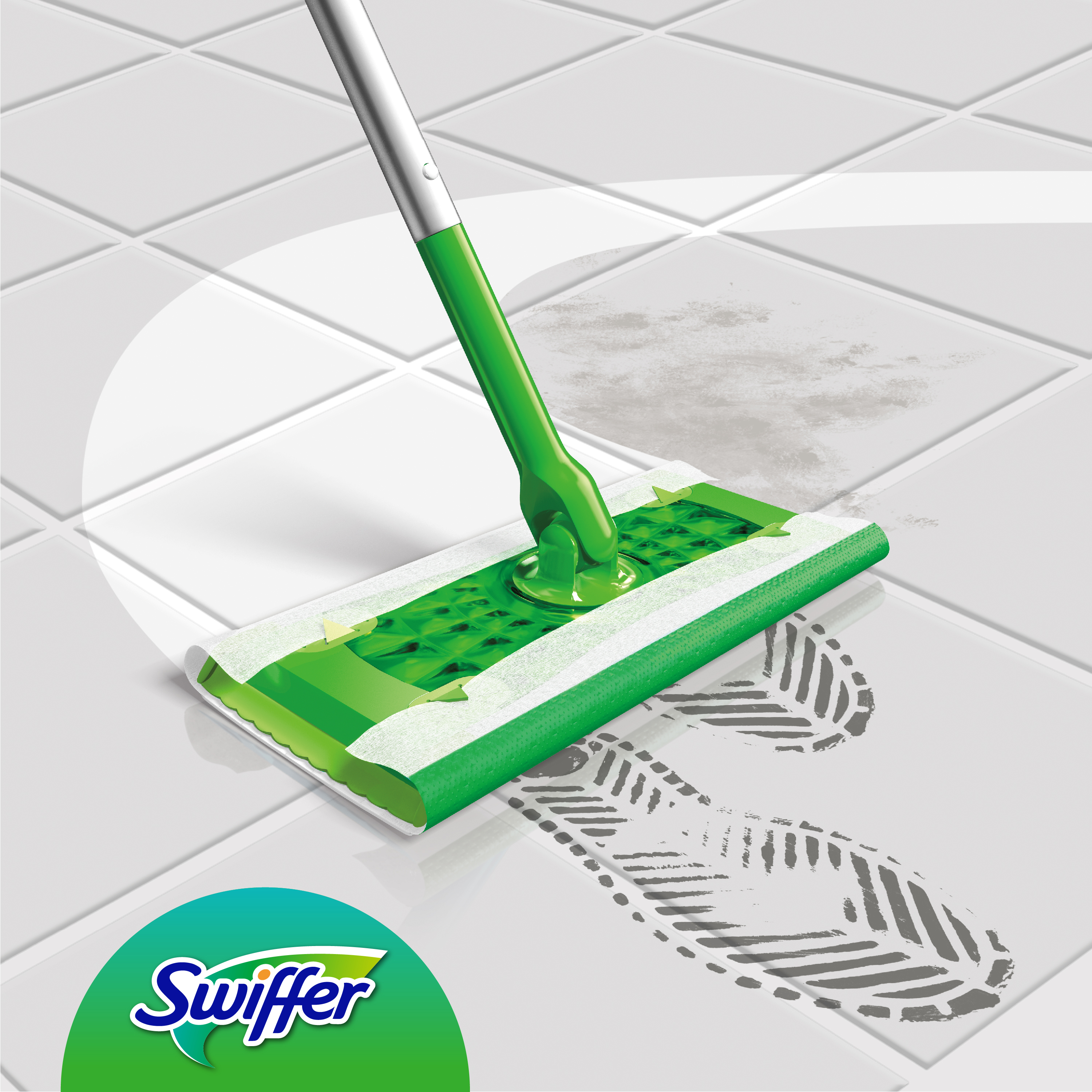 Ein grüner Swiffer-Mopp reinigt einen weißen Fliesenboden. Fußabdrücke sind sichtbar.