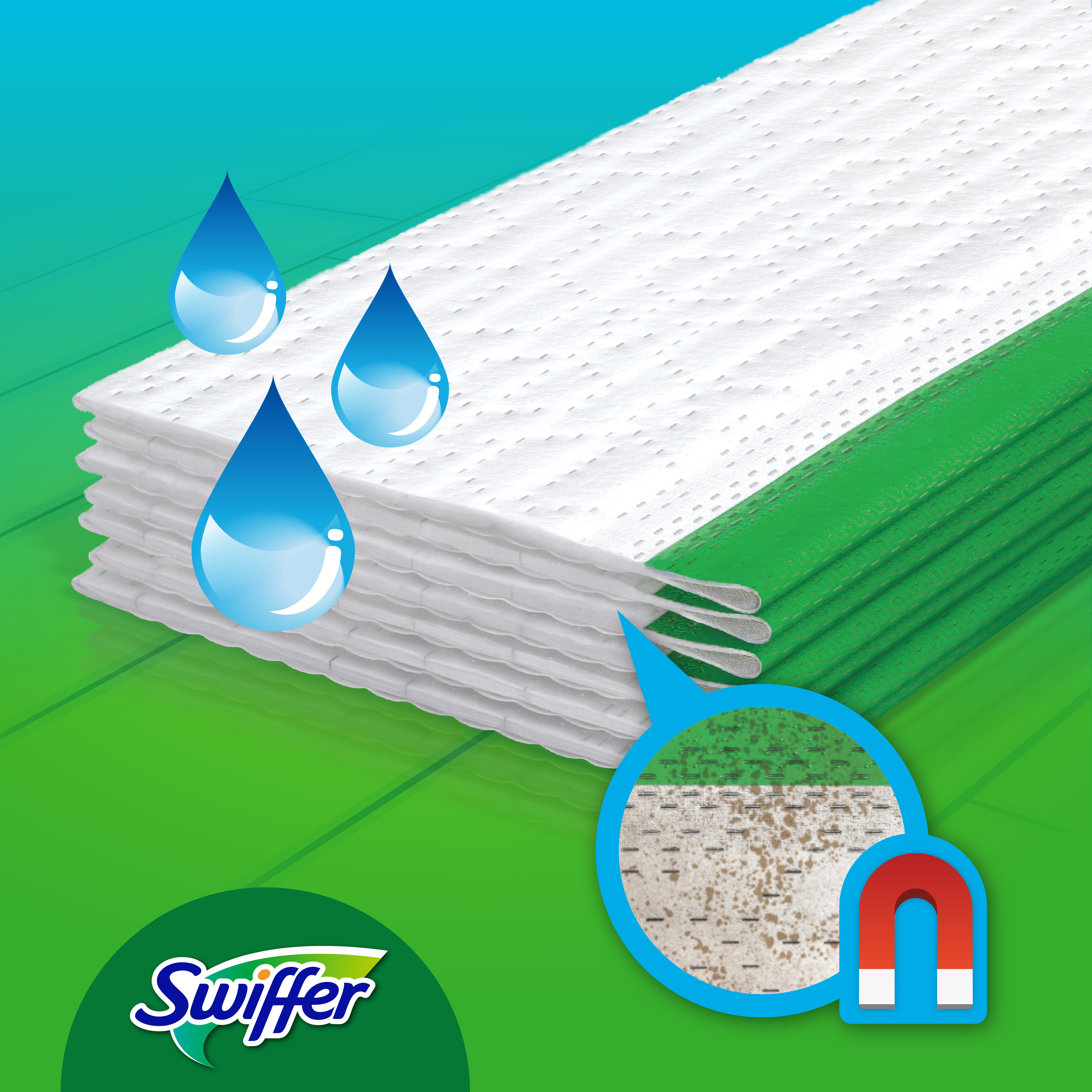 Swiffer-Reinigungstücher mit Wassertröpfchen auf grünem Hintergrund. Nahaufnahme.