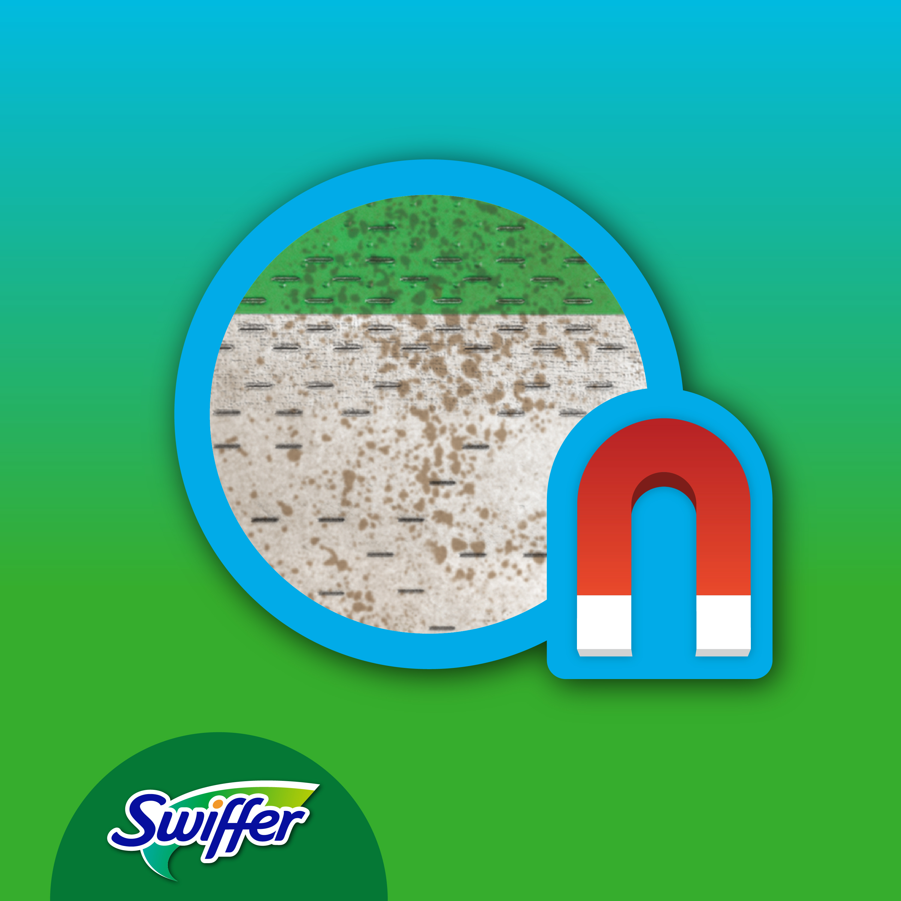 Nahaufnahme eines Reinigungspads mit Lupe und Magnet-Symbol auf grünem Hintergrund.