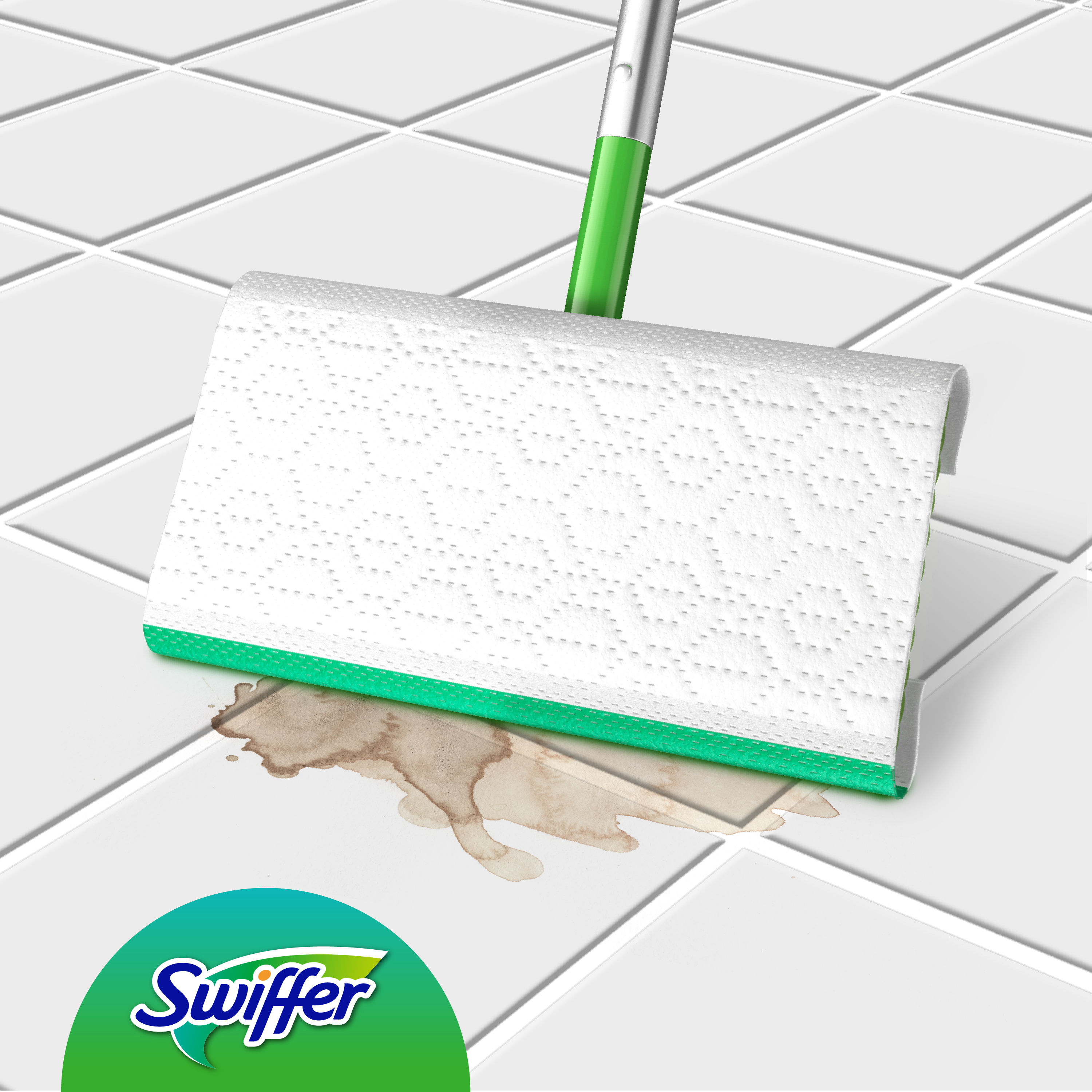 Swiffer-Mop reinigt einen weißen Fliesenboden. Es gibt einen schmutzigen Fleck auf dem Boden.