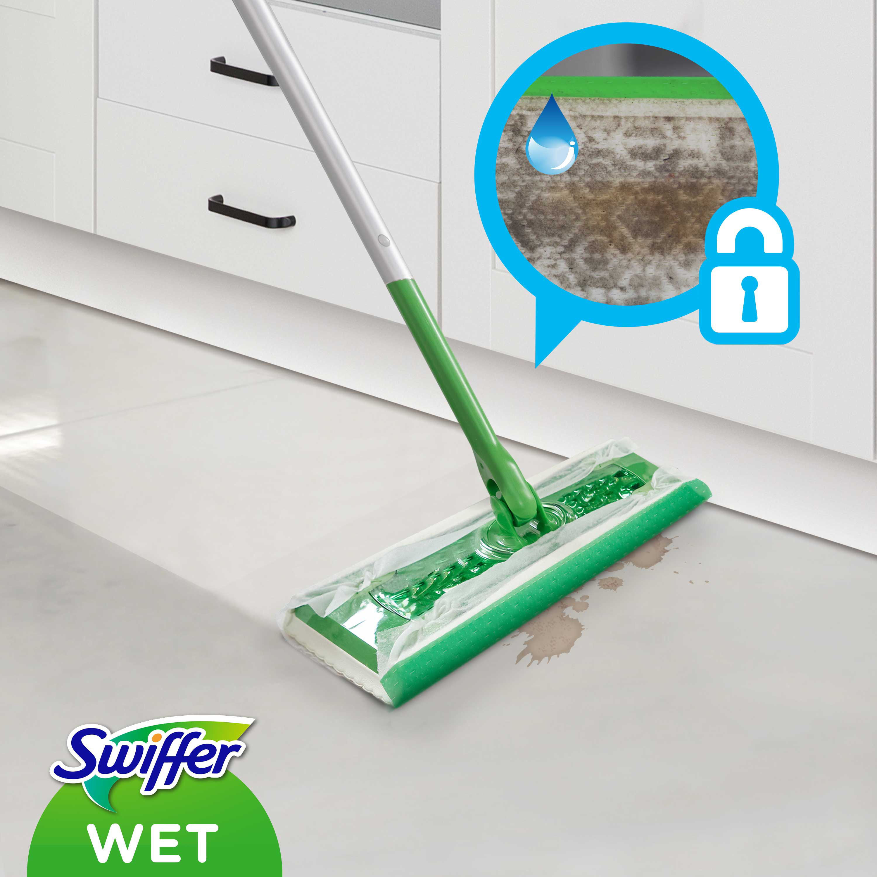 Swiffer Wet Mop reinigt einen Boden. Der Boden hat einen zu reinigenden Fleck. Heller Hintergrund.