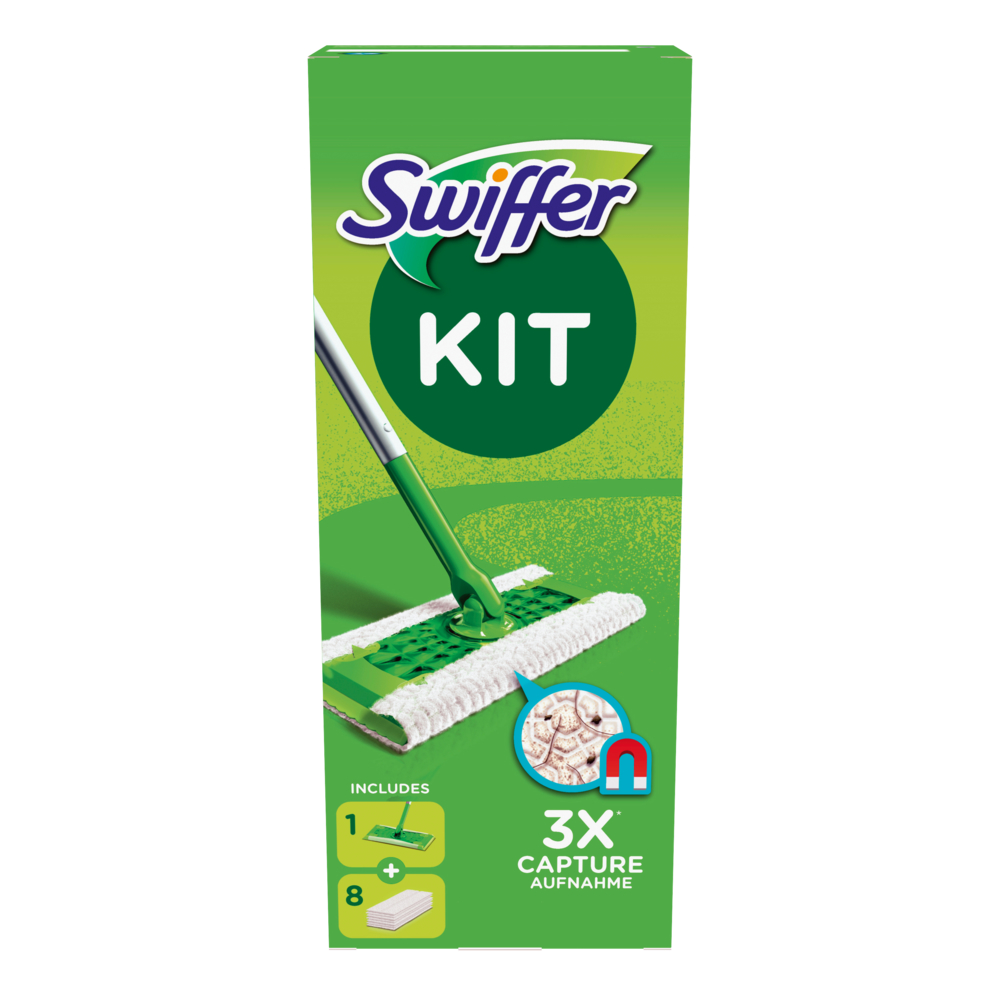 Eine Swiffer Kit-Box. Sie zeigt das Kit mit einem grünen Moppkopf, einem weißen Pad und dem Swiffer-Logo. Es zeigt auch 3x Capture.
