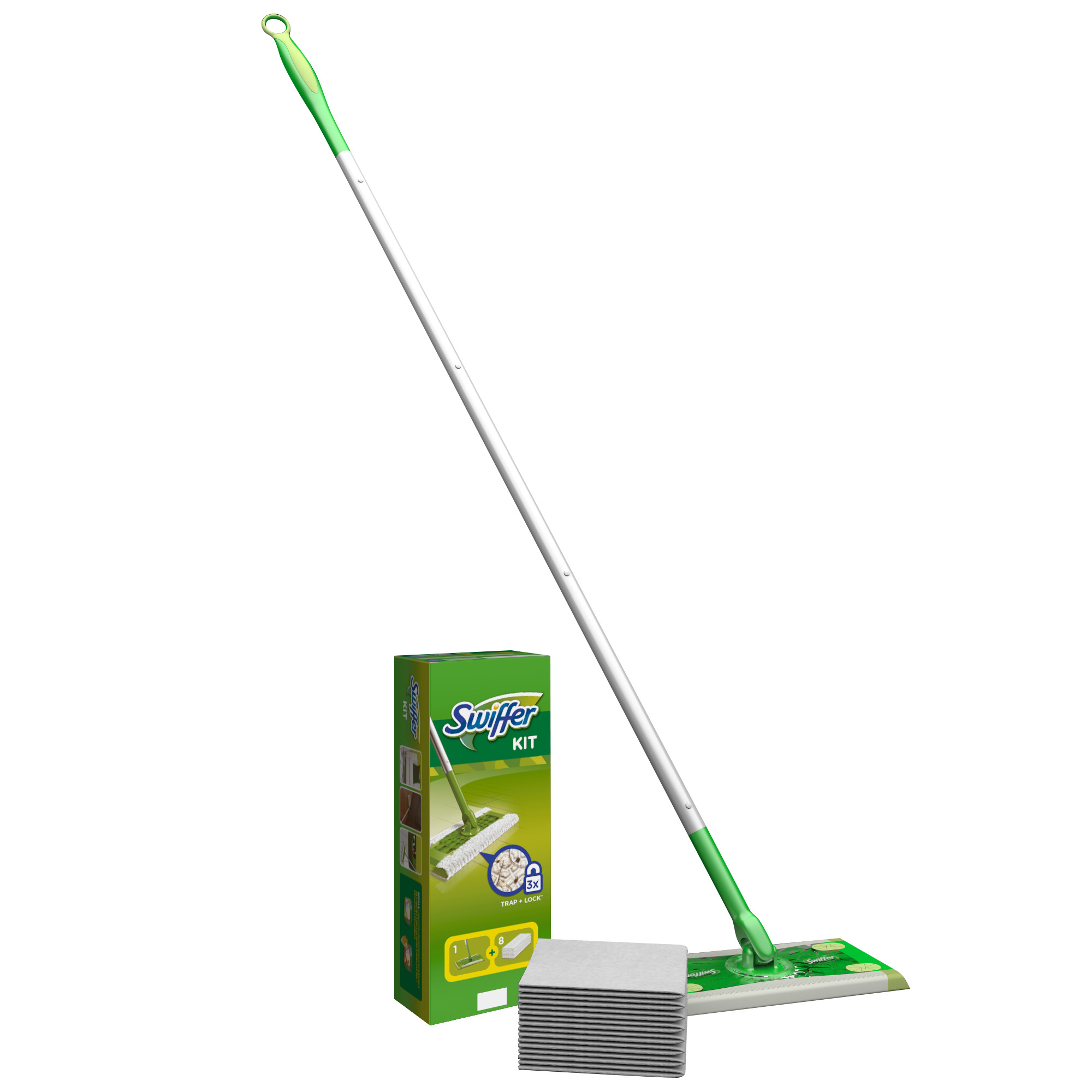 Ein Swiffer-Kit auf weißem Hintergrund. Es enthält einen Mopp mit grün-weißem Griff, eine Box und Reinigungspads.
