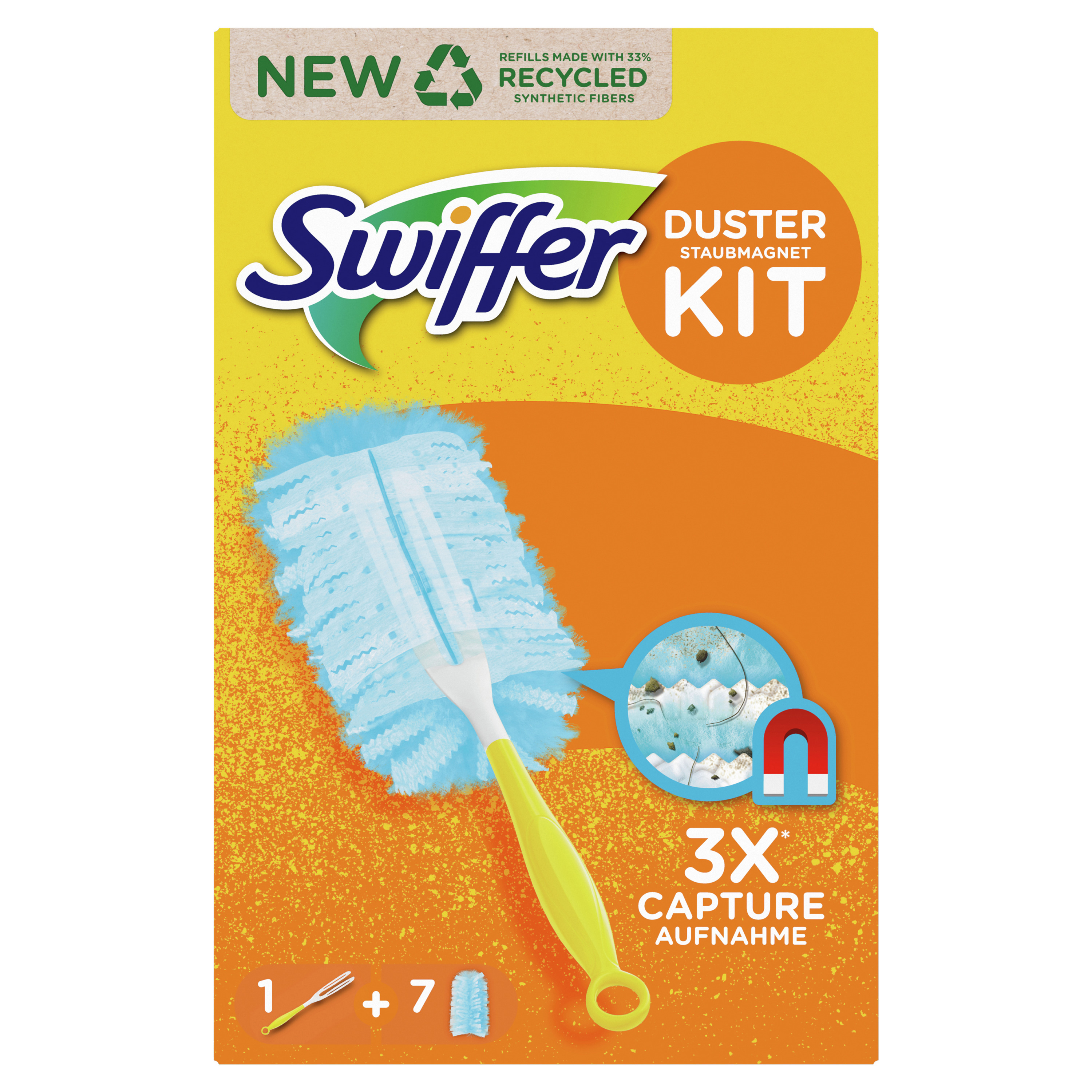Eine Swiffer Duster Kit-Box mit einem blauen Staubwedel und einem gelben Griff, mit Text und Grafiken auf weißem Hintergrund.
