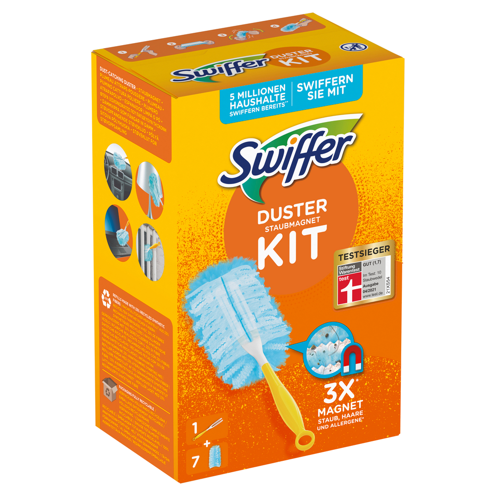 Eine Swiffer Duster Kit Box mit einem blauen Staubwedel und Text über Staub und Allergene.
