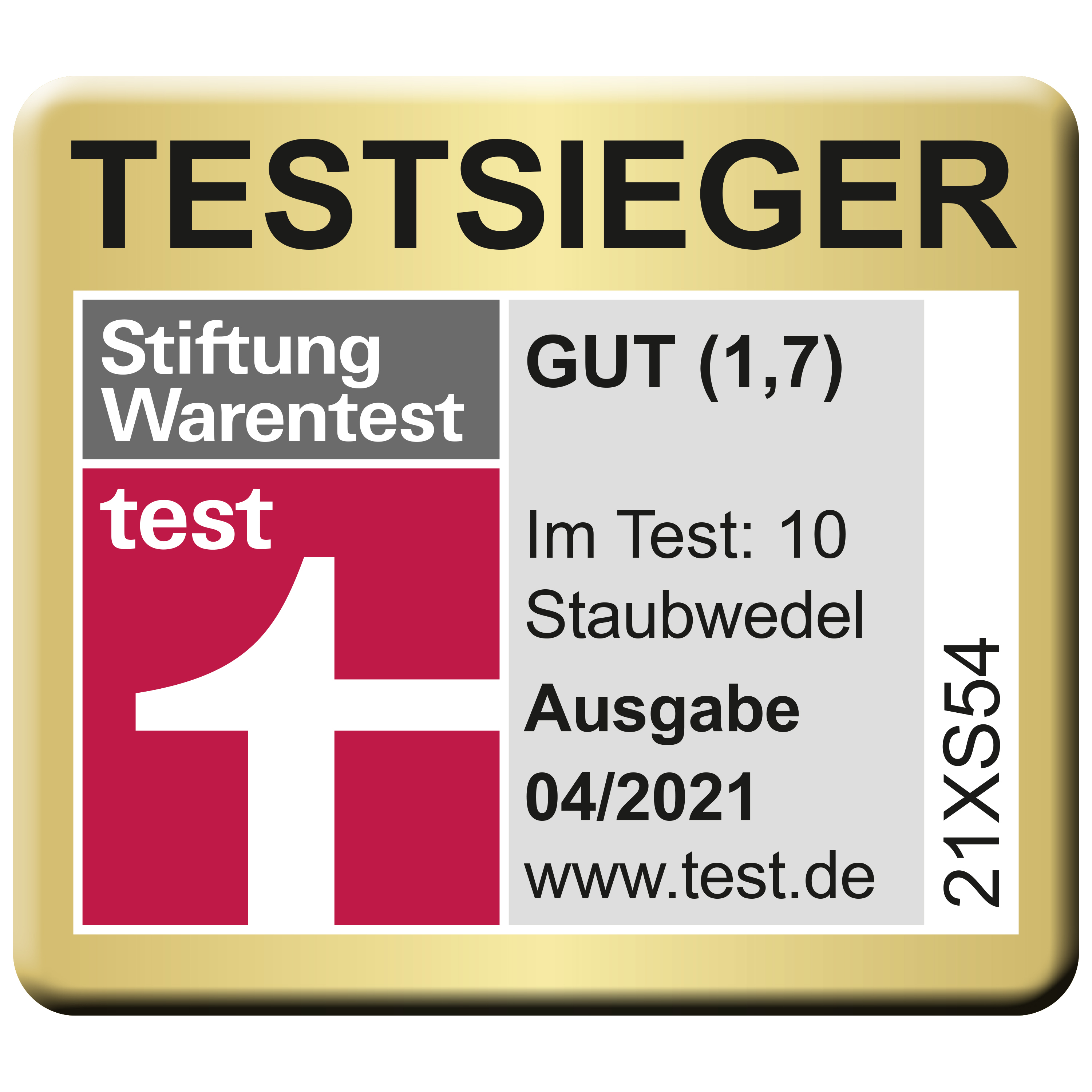 Ein goldenes Quadrat mit einem roten Testzeichen, den Worten TESTSIEGER und einer Bewertung von GUT (1,7) wird gezeigt.
