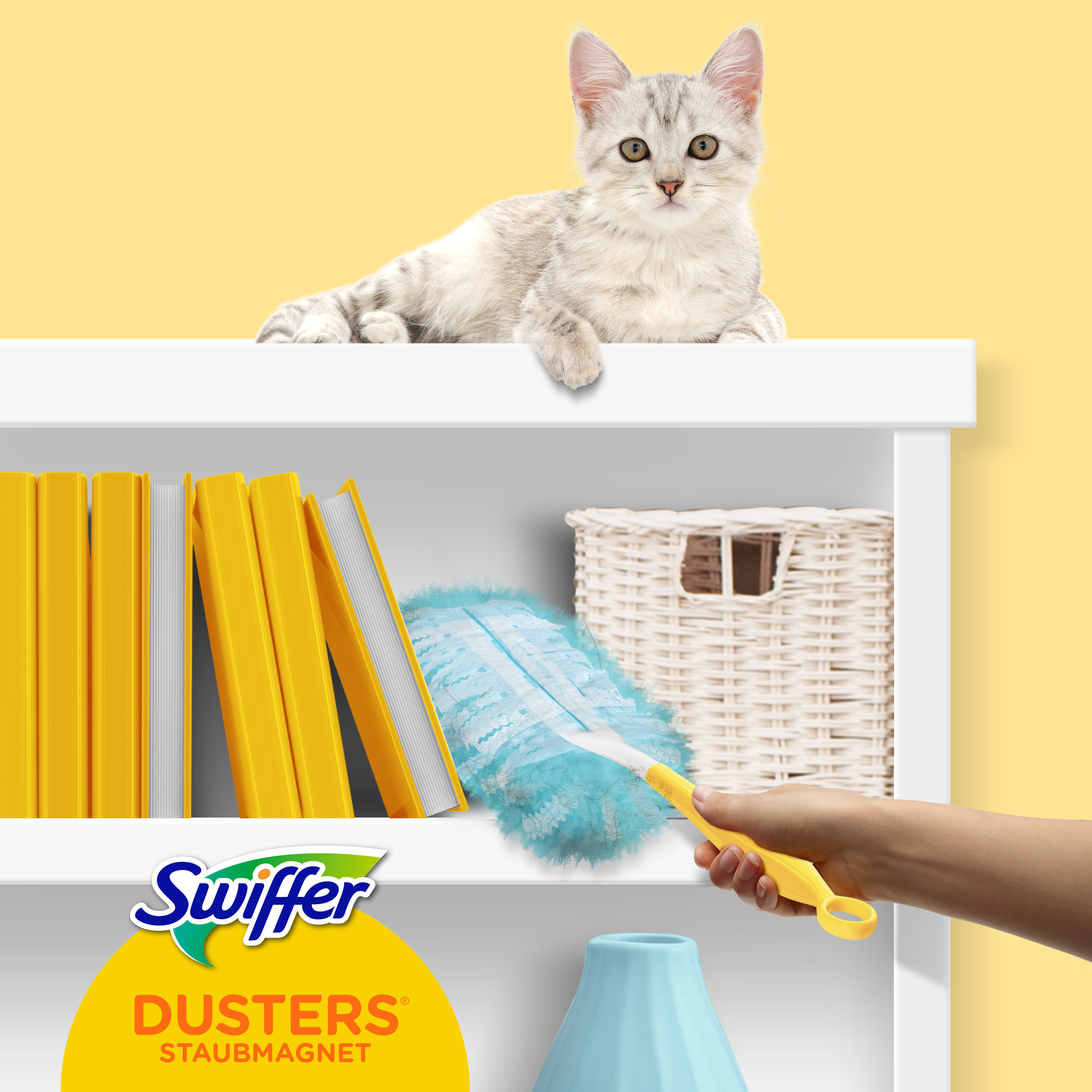 Eine Katze auf einem Regal, die auf eine Person mit einem Swiffer-Staubtuch blickt.