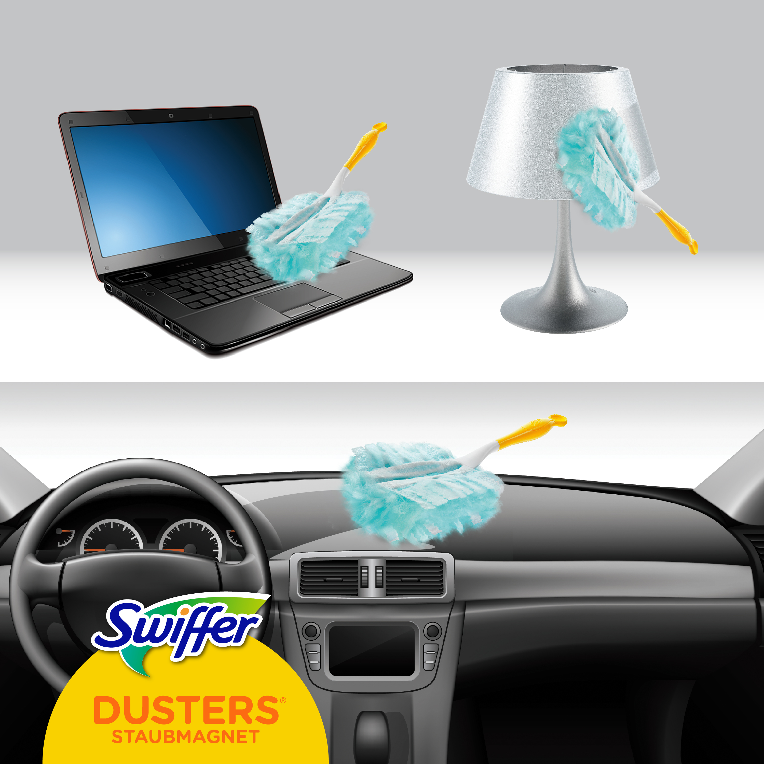 Ein Swiffer-Staubtuch reinigt einen Laptop, eine Lampe und ein Armaturenbrett, alles mit dem Swiffer-Logo.