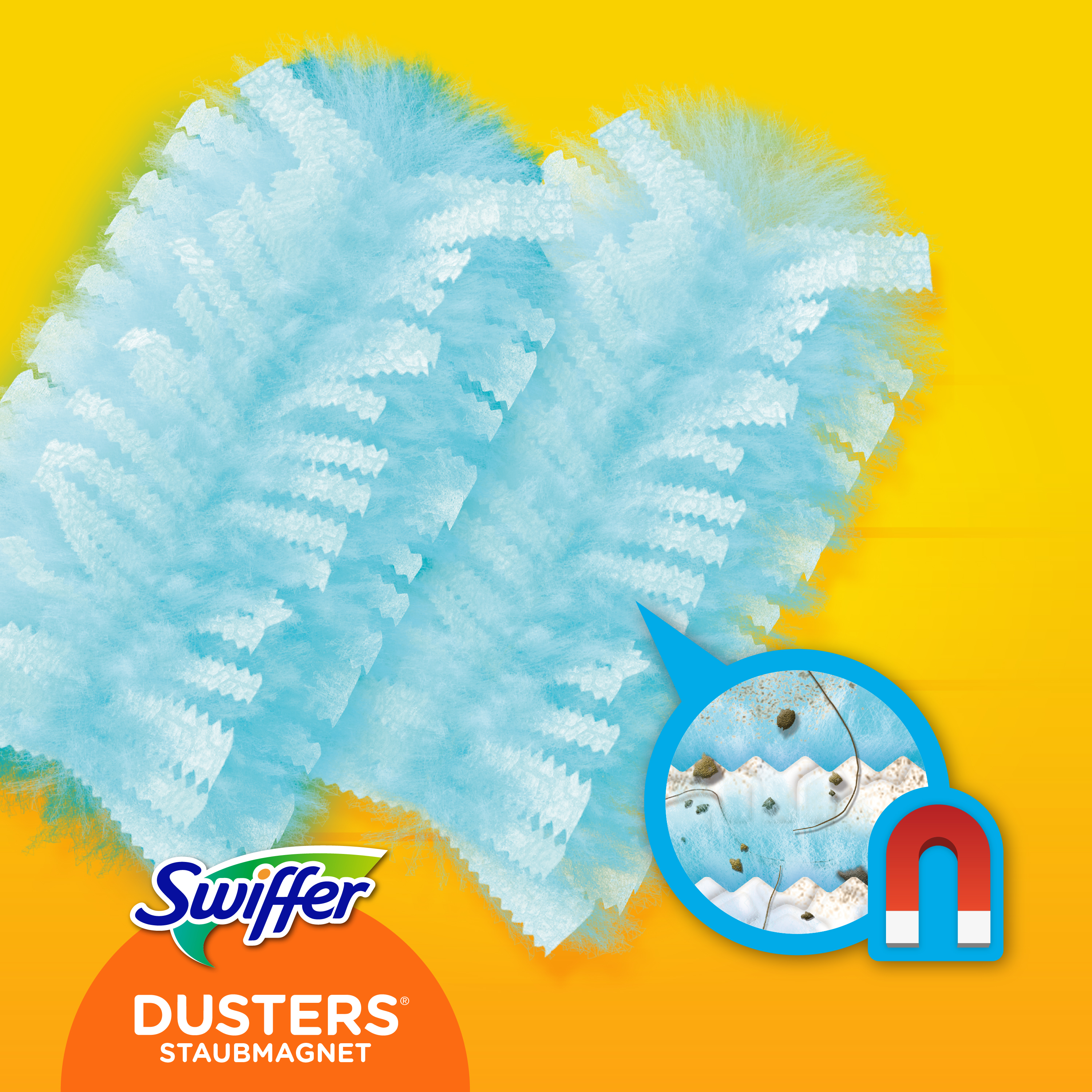 Swiffer Duster mit blauen Staubwedeln und Darstellung von Staubpartikeln, die von einem Magneten gesammelt werden.