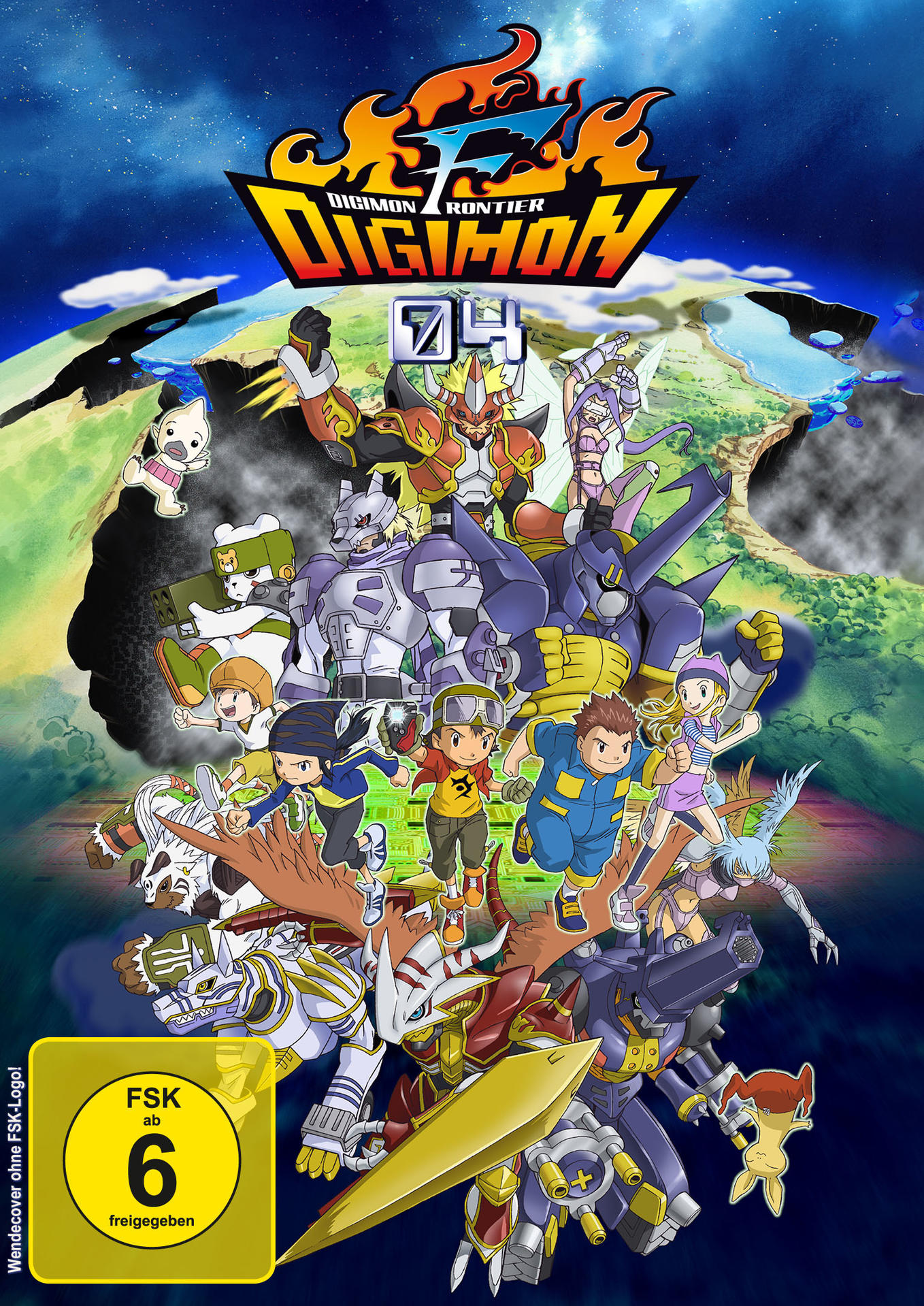 Digimon Frontier DVD-Cover. Eine Gruppe von Digimon-Charakteren ist vor einem grün-blauen Hintergrund zu sehen.