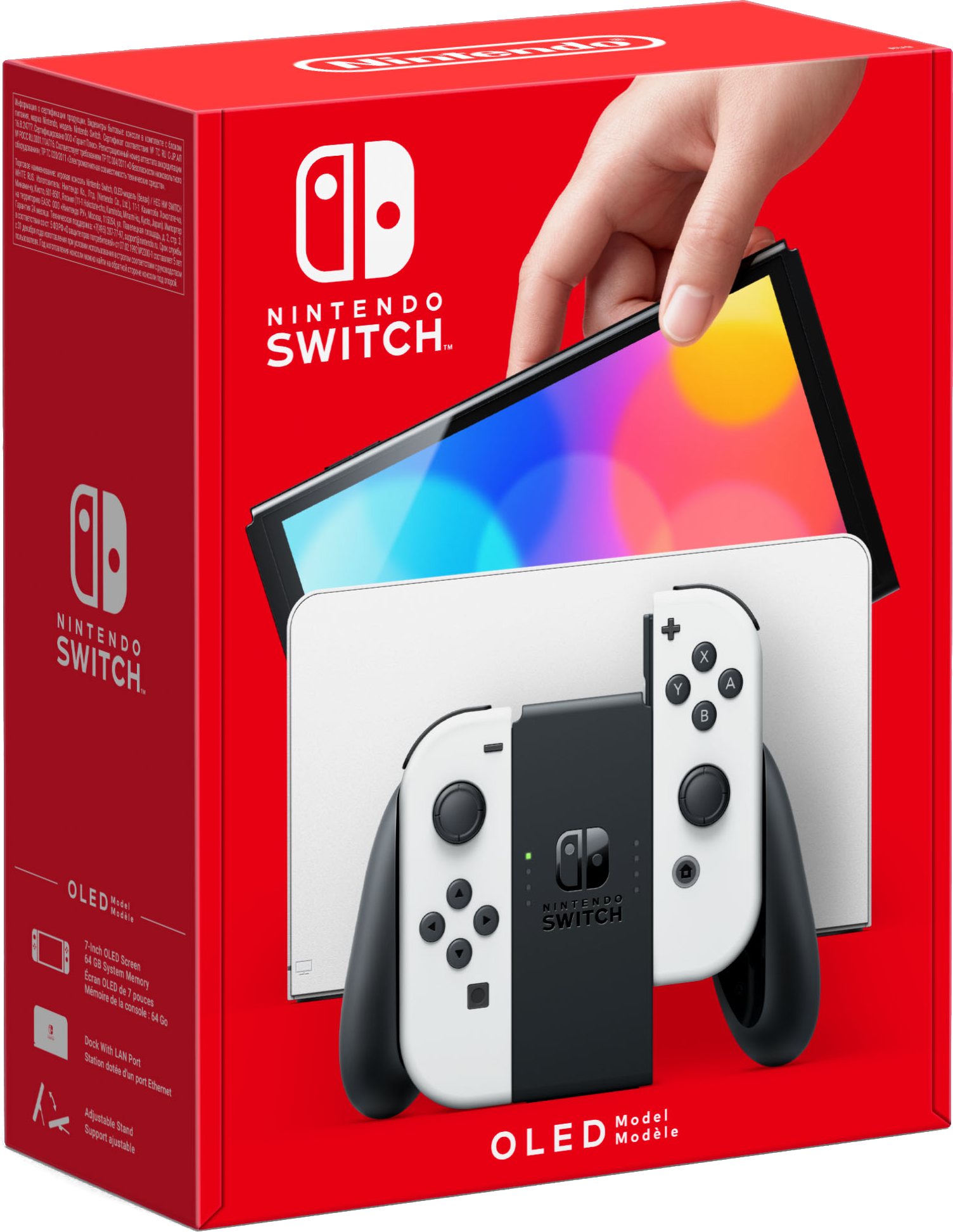 Nintendo Switch OLED Box, Konsole und Controller, mit rotem und weißem Design.