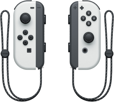 Zwei weiße Nintendo Switch Joy-Con-Controller mit grauen Akzenten und Handschlaufen.