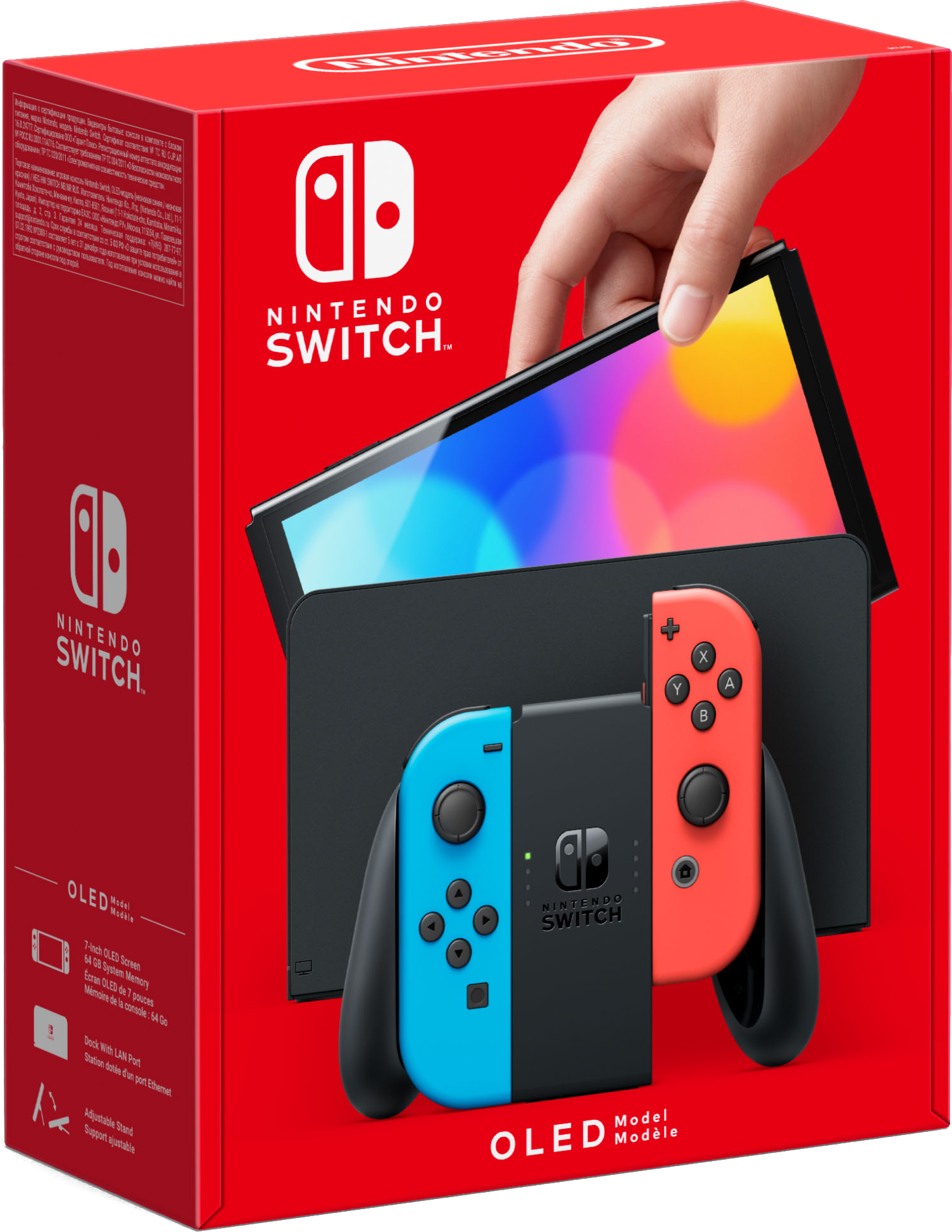 Nintendo Switch OLED Modellbox, Konsole und Joy-Con-Controller. Box rot, Controller blau und rot.