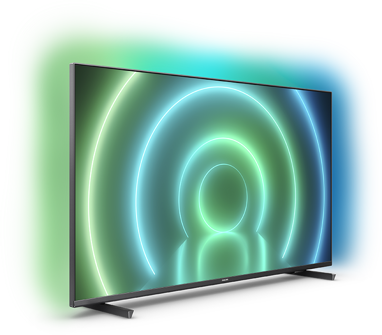 Philips TV zöld és kék fénnyel, fekete háttérrel, szögletes nézetben.