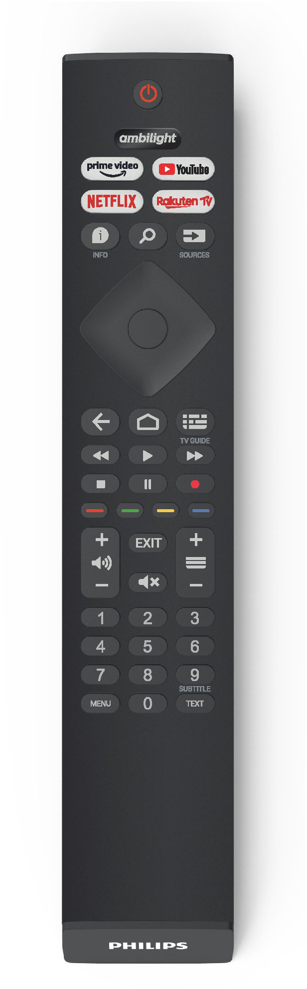 Egy fekete Philips TV távirányító különböző gombokkal és streaming szolgáltatások ikonjaival.