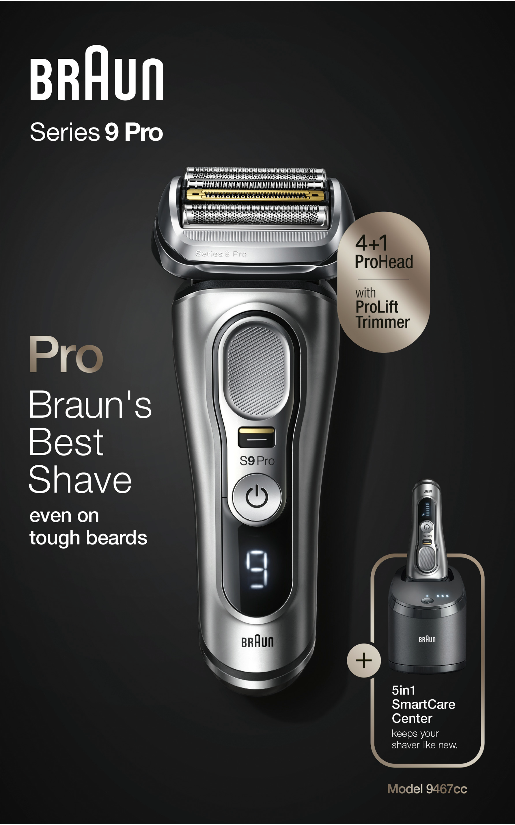 Rasoir Braun Series 9 Pro avec SmartCare Center, sur fond noir.