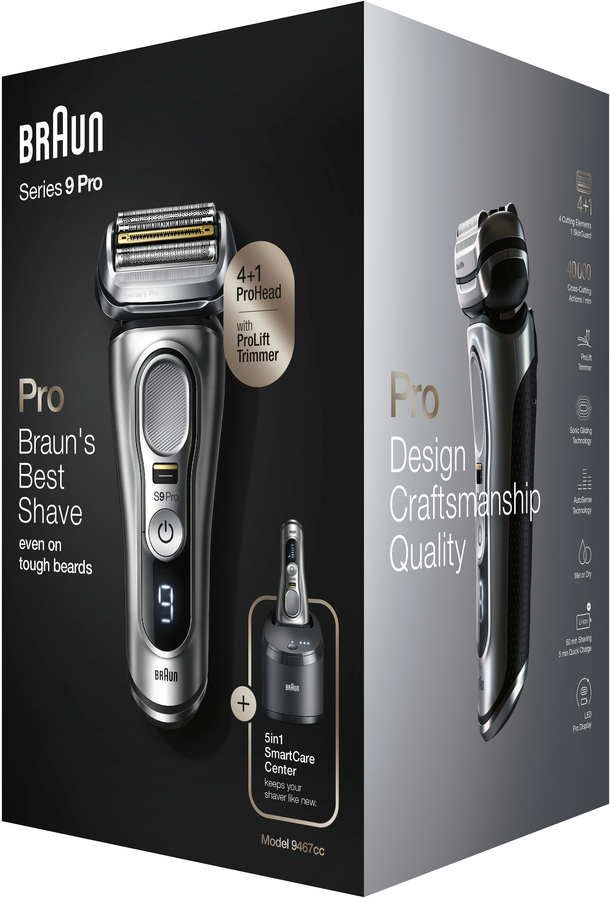 Rasoir électrique Braun Series 9 Pro dans une boîte. Présente le rasoir et sa base de chargement.
