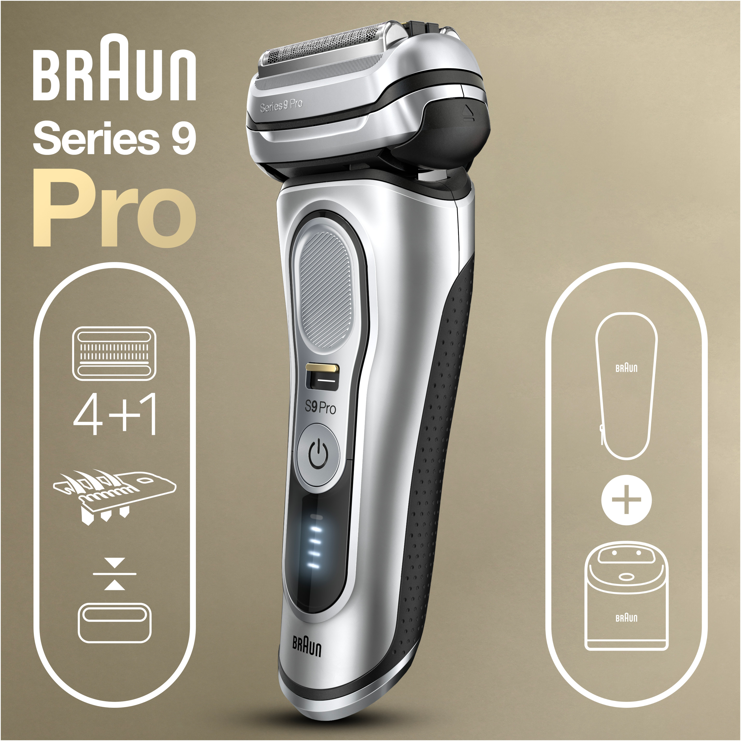 Rasoir argenté Braun Series 9 Pro avec manche noir, icônes et texte sur fond beige clair.