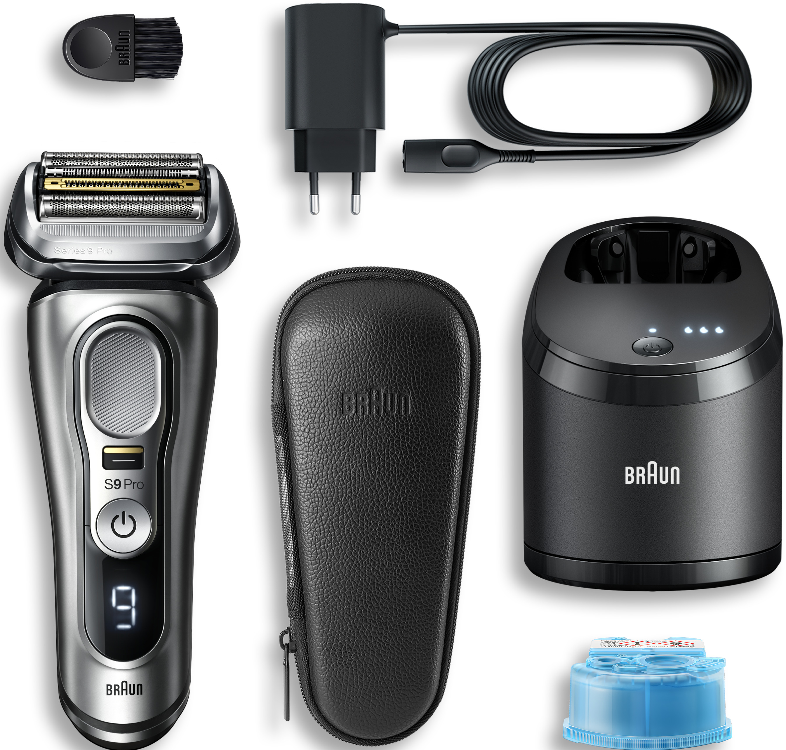 Rasoir électrique Braun et accessoires. Comprend chargeur, étui, brosse et unité de nettoyage.