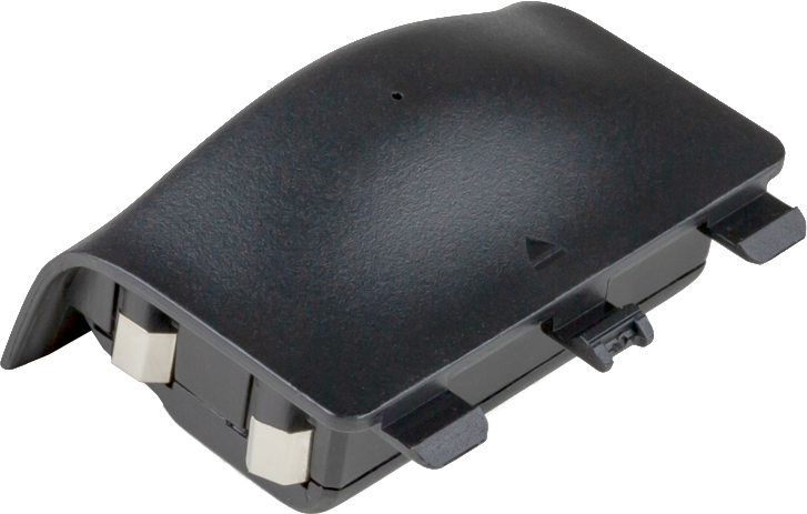 Zwarte batterijcover voor een Xbox-controller, met een kleine opening voor de batterijen.