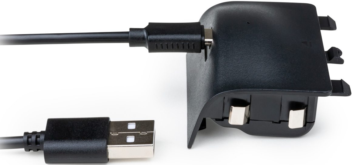 Zwart oplaadstation met aangesloten USB-kabel en USB-stekker.