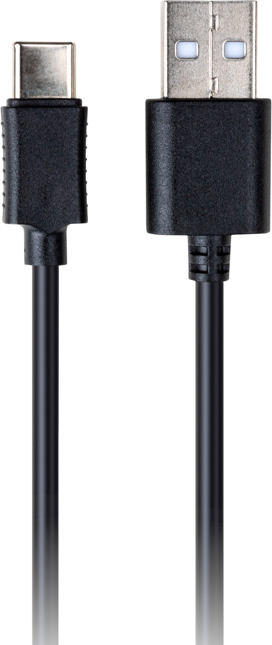 Twee zwarte USB-kabels, een USB-C en een standaard USB-A, tegen een witte achtergrond.