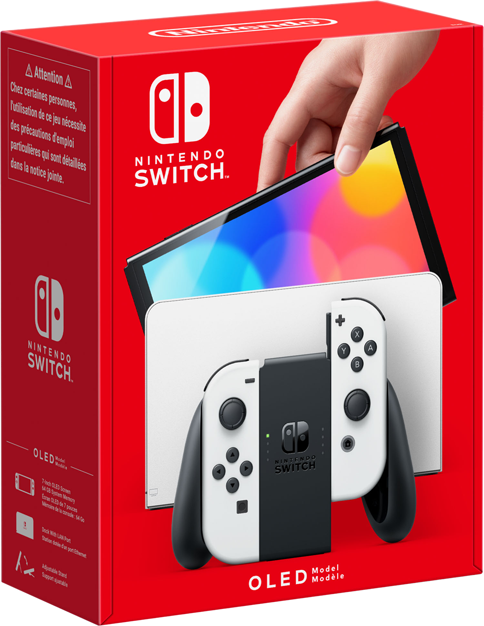 Nintendo Switch OLED-modeldoos, rood. De doos toont de console, Joy-Cons en het dock. Witte achtergrond.