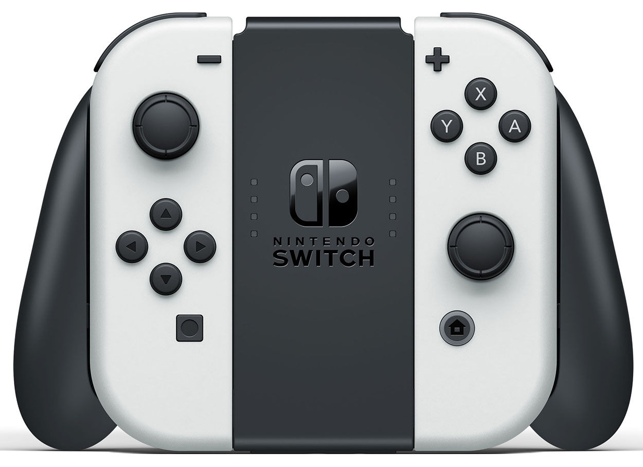 Nintendo Switch controller. White body with black controls. White background.