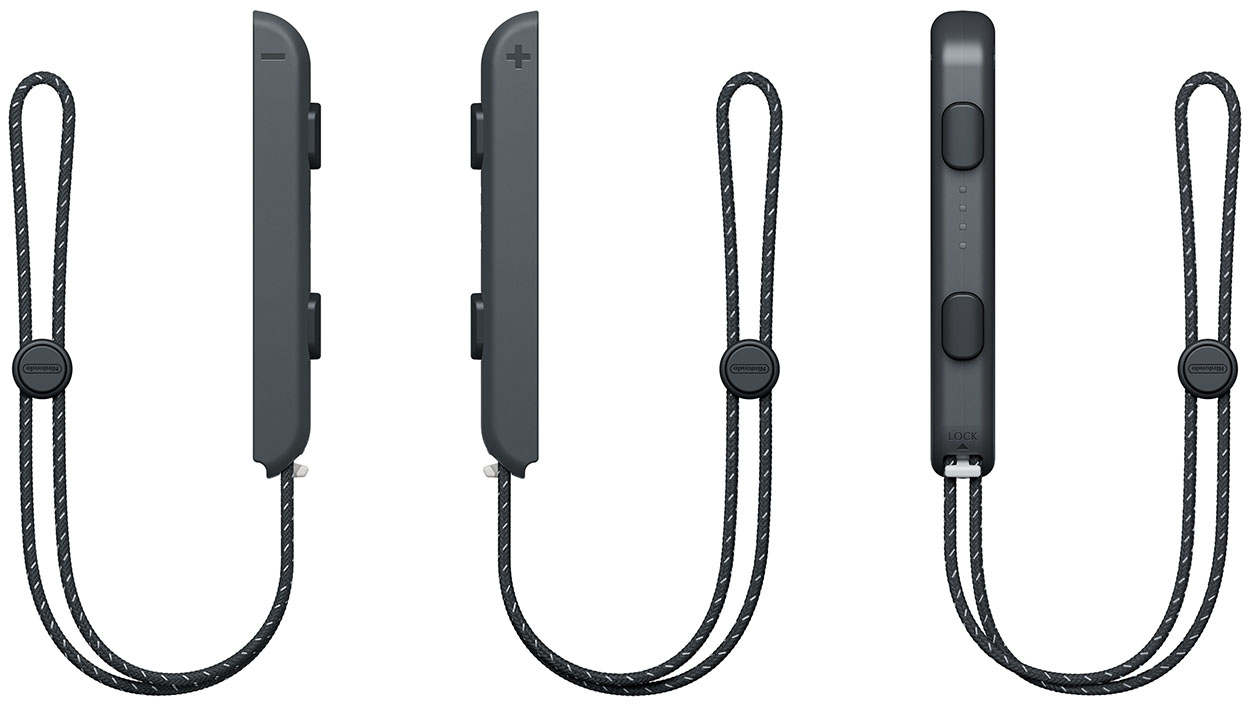 Three Nintendo Switch controller straps. Black and gray. White background.