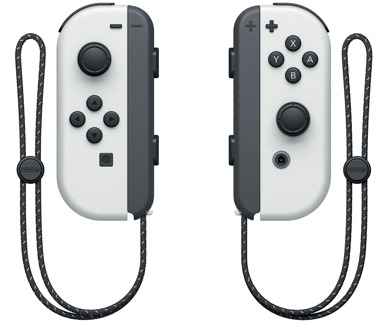 Two gray and white Nintendo Switch controllers, with black straps. Buttons are visible, showing left and right.