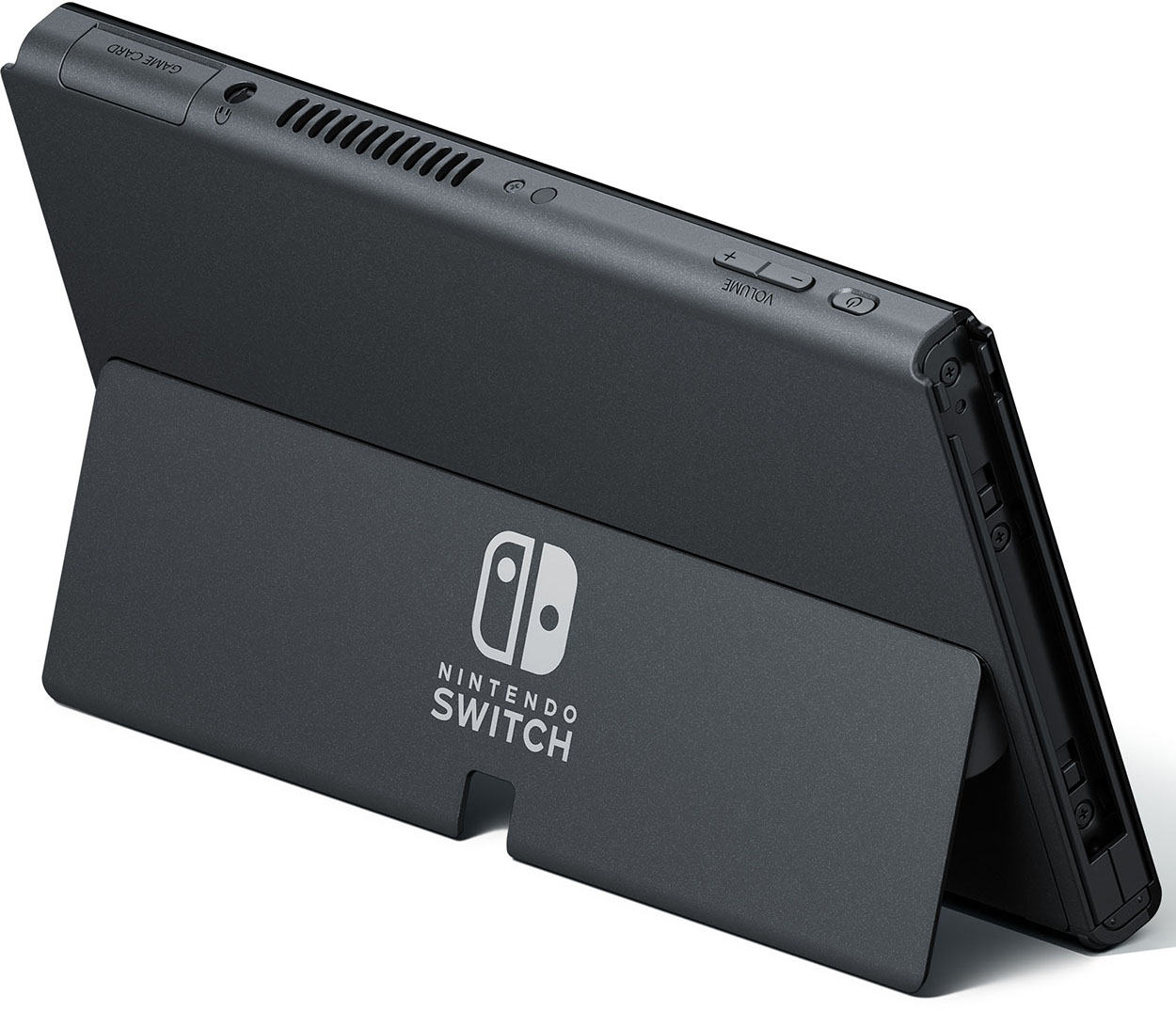 A black Nintendo Switch console with the stand open, showing the Nintendo Switch logo.