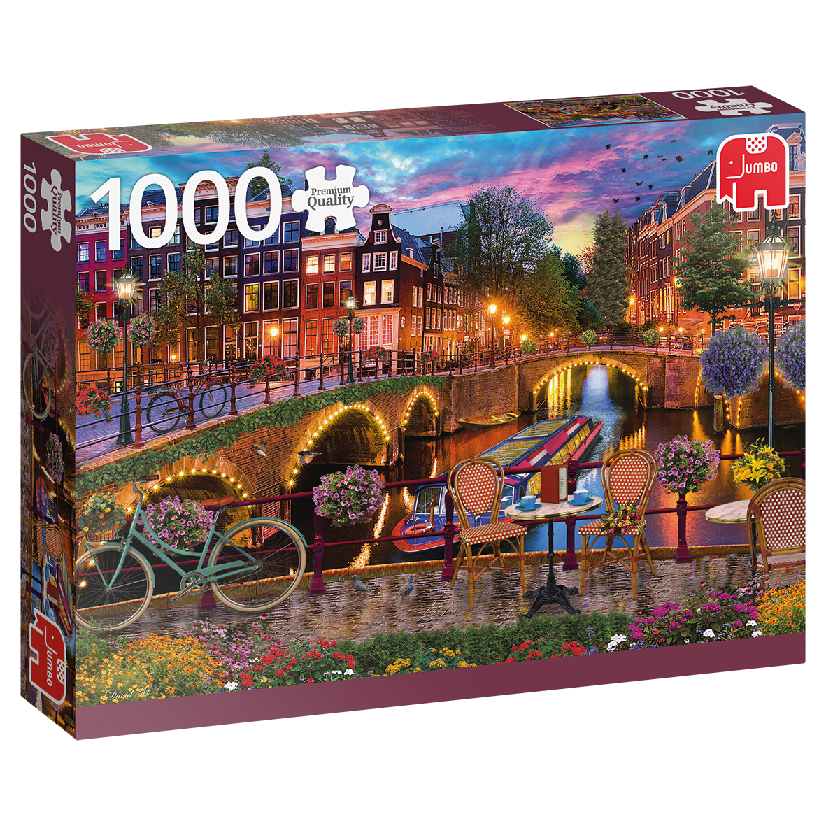 Schachtel eines 1000-teiligen Puzzles. Das Puzzle zeigt eine Grachtenszene in Amsterdam bei Sonnenuntergang.