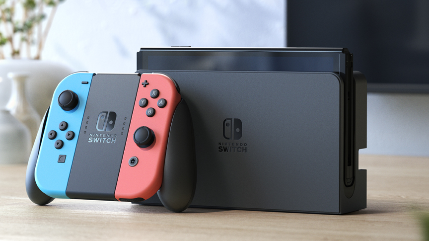 NINTENDO Switch (OLED-Modell) Spielekonsole, Neon-Blau/Neon-Rot