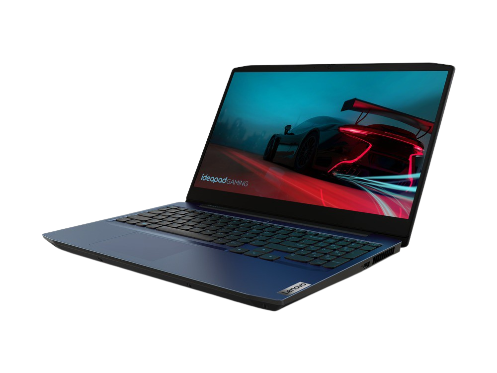 Una laptop azul que muestra una carrera de autos en su pantalla.