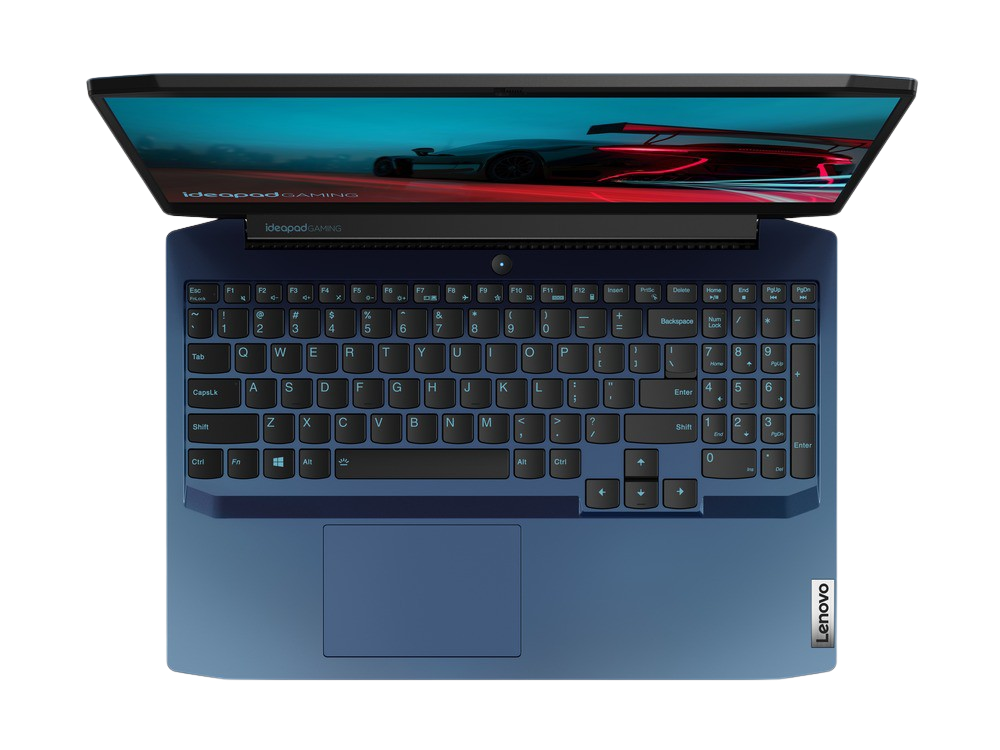 Vista superior de un portátil Lenovo Ideapad gaming azul con teclado abierto.