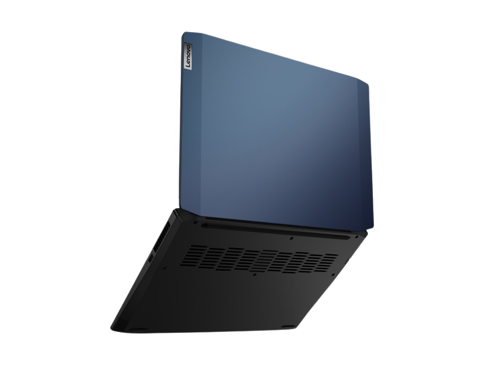 Portátil. La parte trasera es azul, con base negra. El logotipo de Lenovo está en la parte superior.